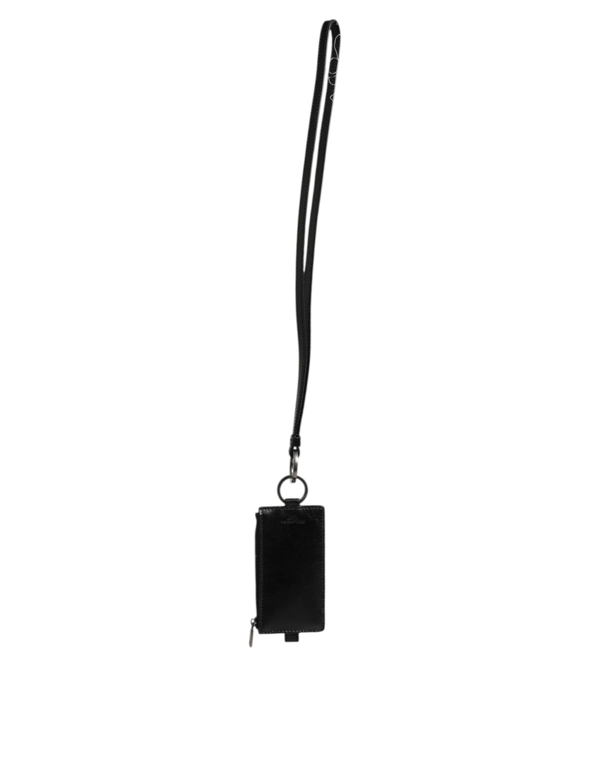 Dolce & Gabbana Black Leather Logo Embossed Lanyard Card Holder Wallet Curated Luxury Accessories by Orvyn