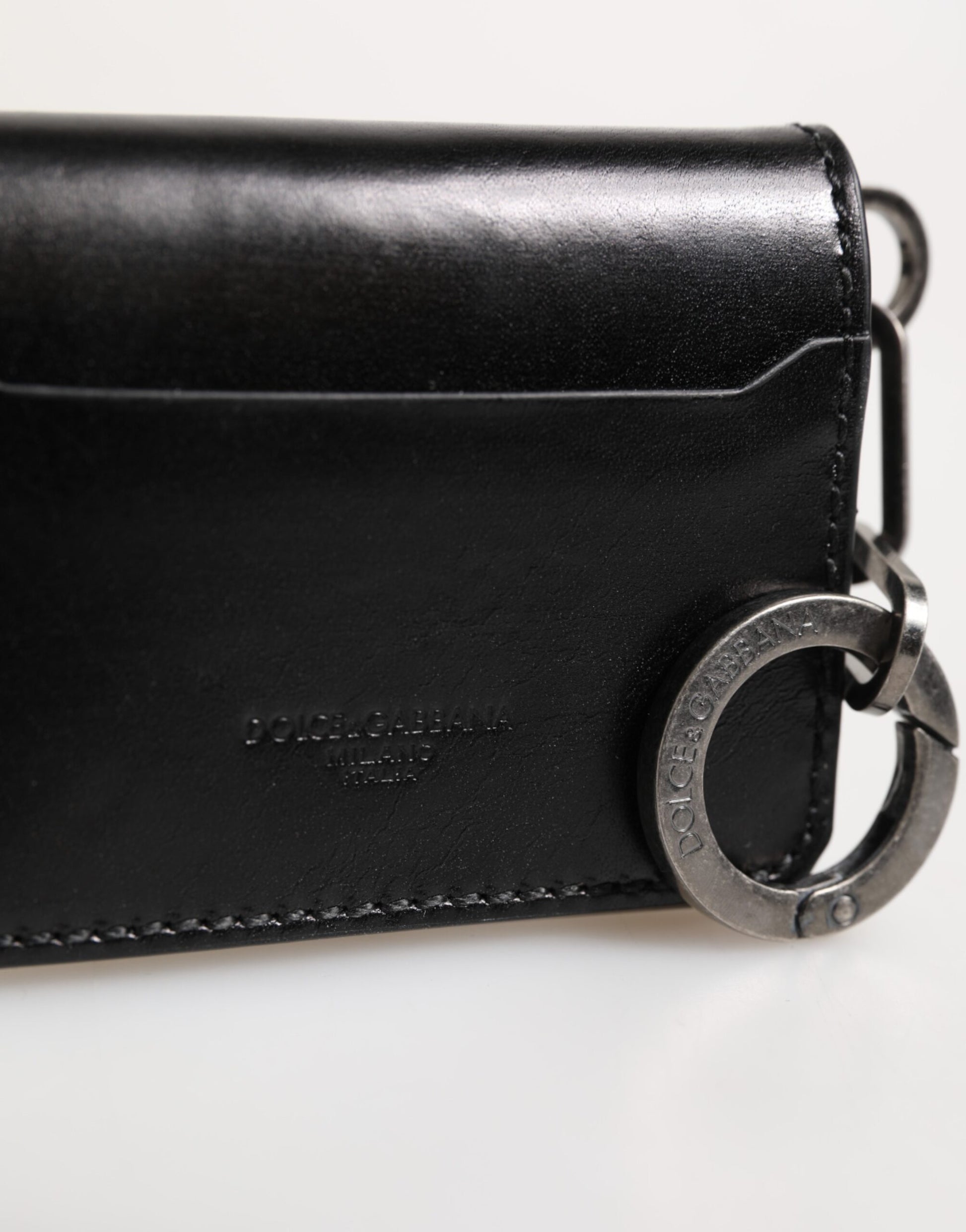 Dolce & Gabbana Wallet Black Leather Logo Embossed Key Chain Card Holder Wallet Curated Luxury Accessories by Orvyn