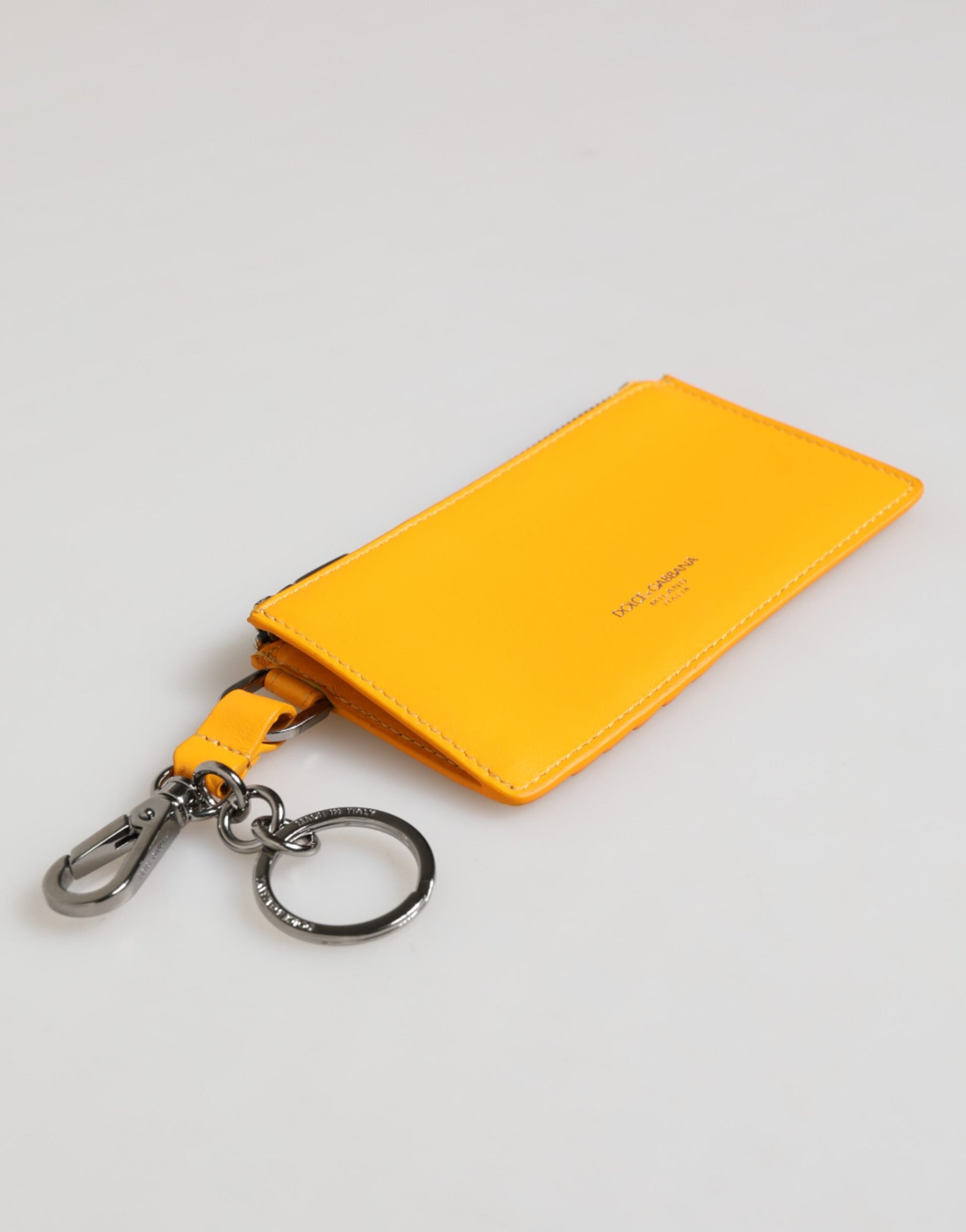 Dolce & Gabbana Yellow Orange Leather Credit Card Key Holder Clip On Wallet Curated Luxury Accessories by Orvyn