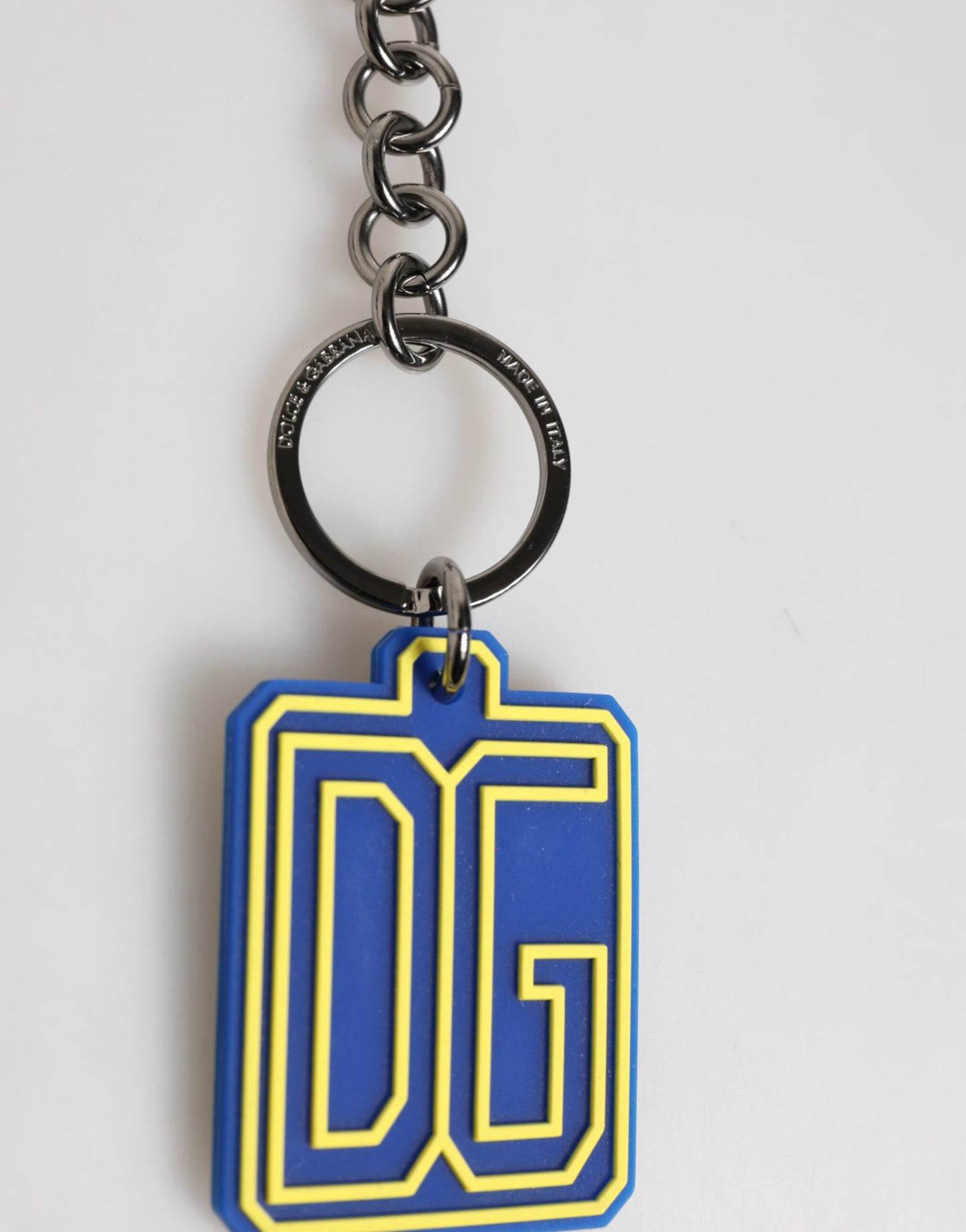 Dolce & Gabbana Blue Yellow DG Rubber Logo Silver Men Keychain Keyring gelb