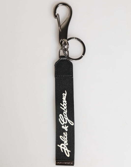 Dolce & Gabbana Black White Polyester DG Logo Silver Men Keychain Keyring schwarz
