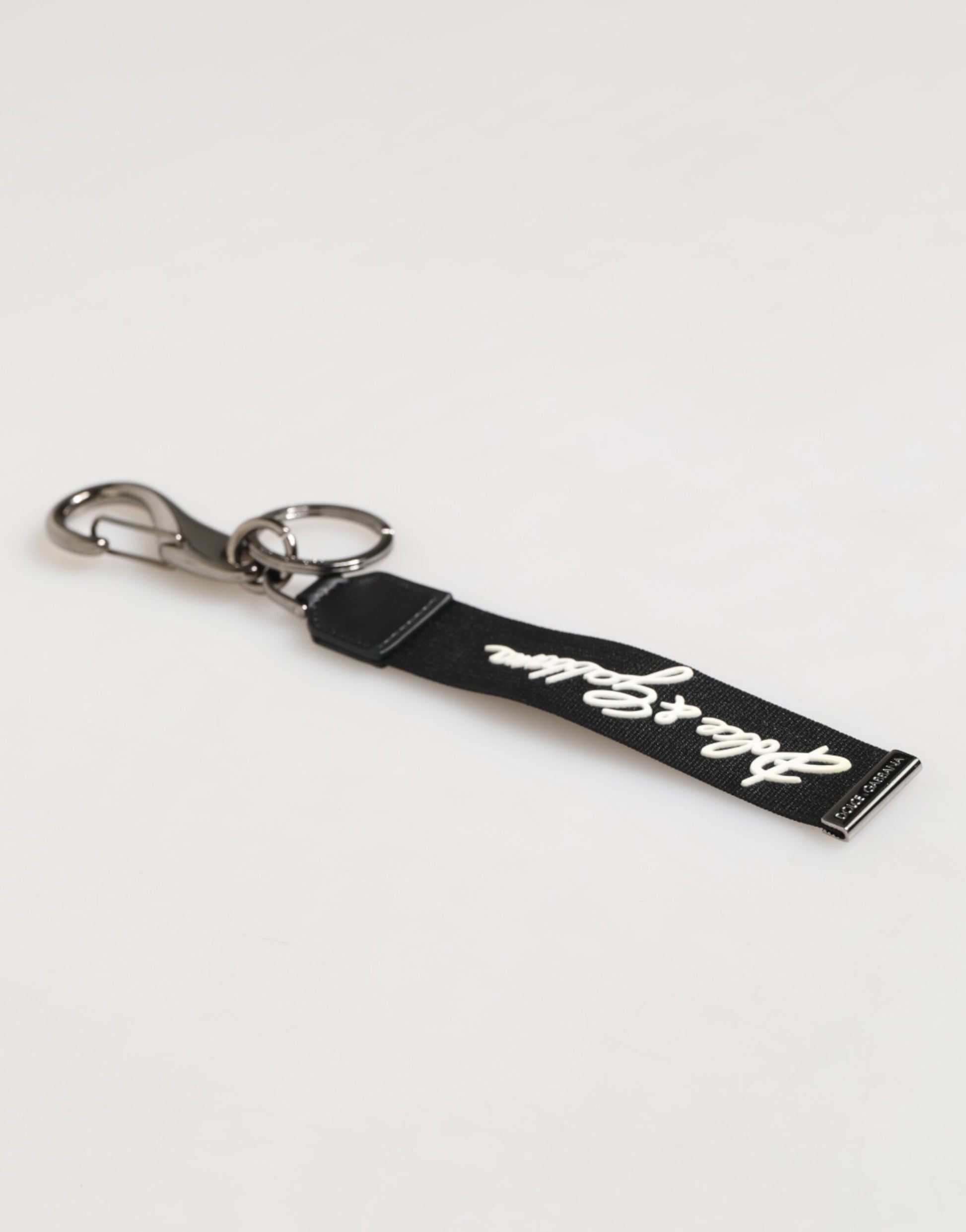 Dolce & Gabbana Black White Polyester DG Logo Silver Men Keychain Keyring schwarz