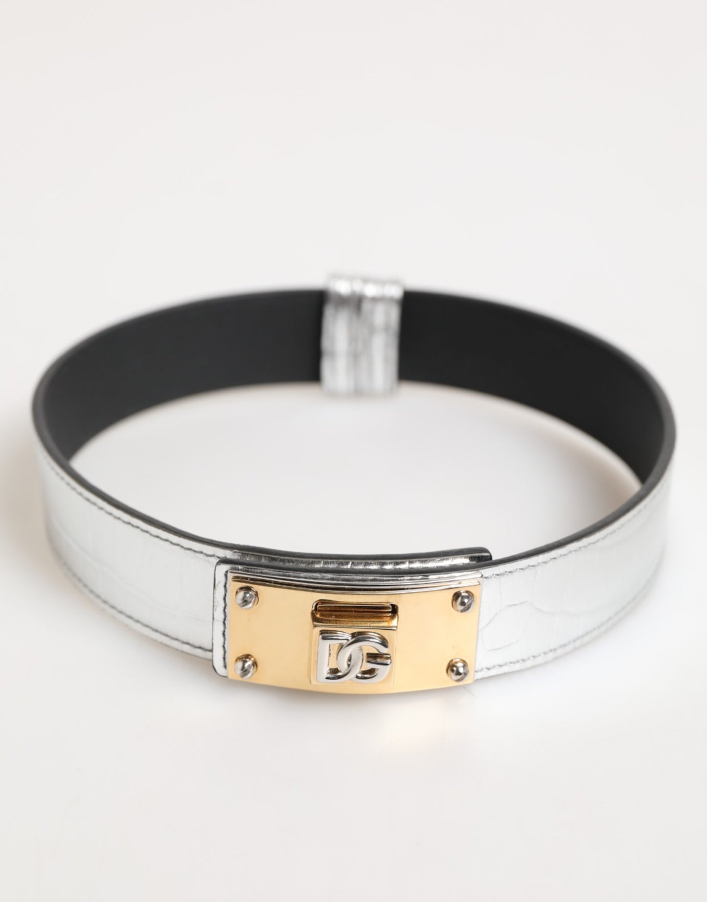 Dolce & Gabbana Silver Textured Leather Gold Tone Metal Neckband Curated Luxury Accessories by Orvyn