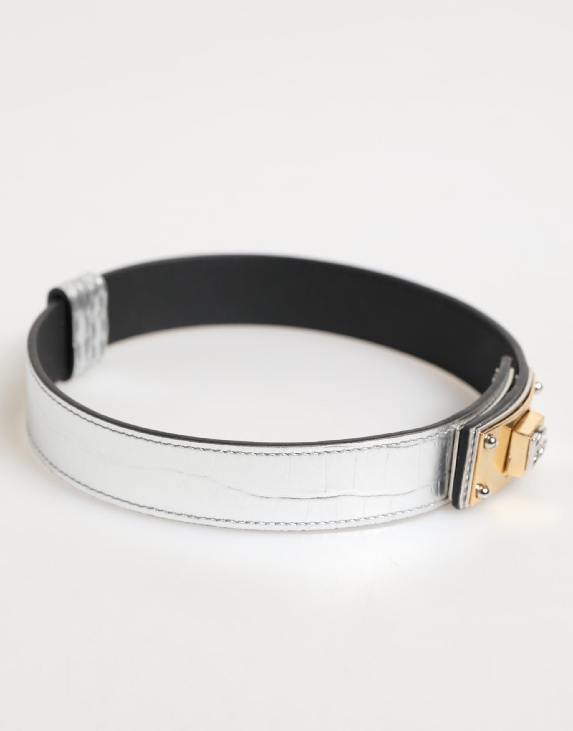 Dolce & Gabbana Silver Textured Leather Gold Tone Metal Neckband Curated Luxury Accessories by Orvyn