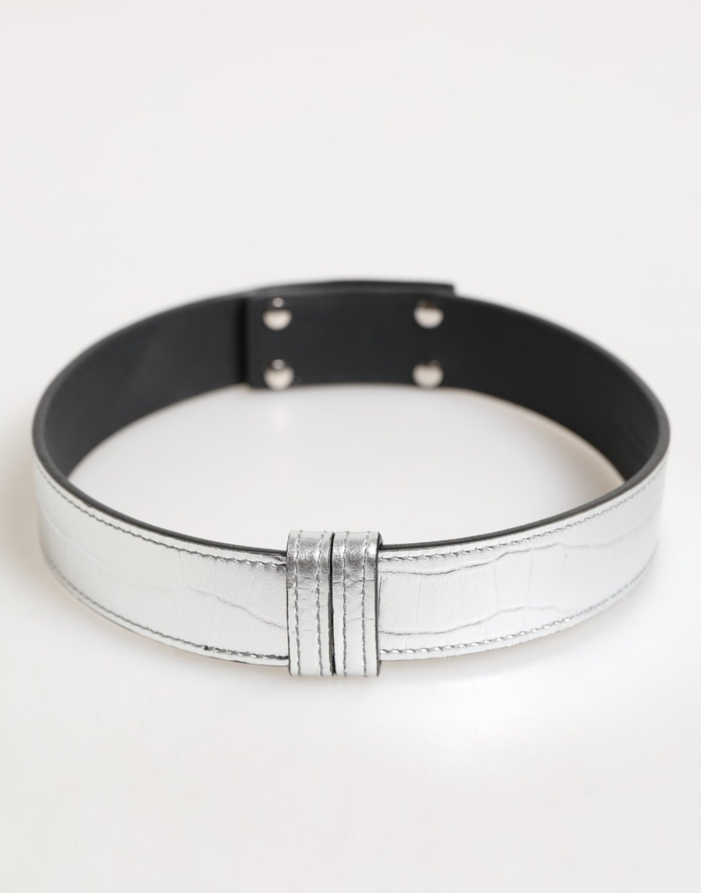 Dolce & Gabbana Silver Textured Leather Gold Tone Metal Neckband Curated Luxury Accessories by Orvyn