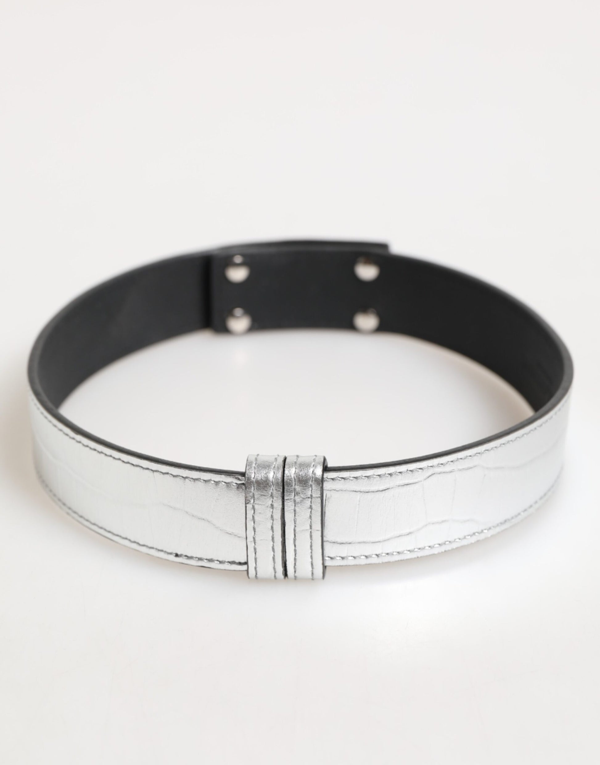 Dolce & Gabbana Silver Textured Leather Gold Tone Metal Neckband Curated Luxury Accessories by Orvyn