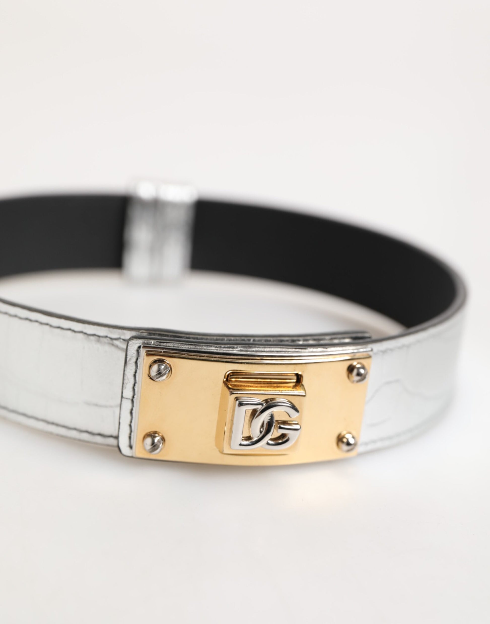 Dolce & Gabbana Silver Textured Leather Gold Tone Metal Neckband Curated Luxury Accessories by Orvyn