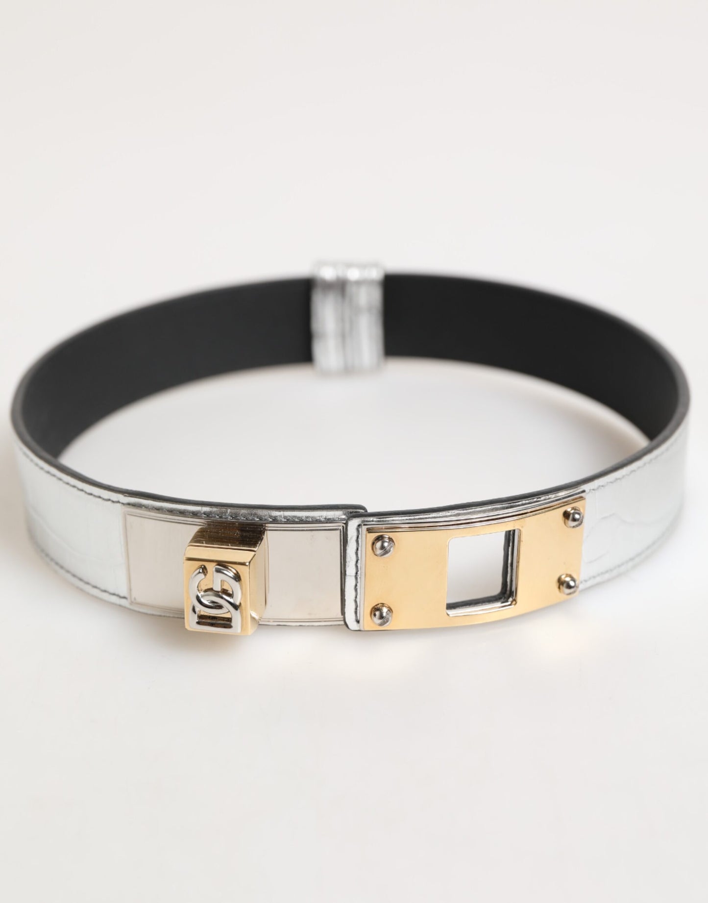 Dolce & Gabbana Silver Textured Leather Gold Tone Metal Neckband Curated Luxury Accessories by Orvyn