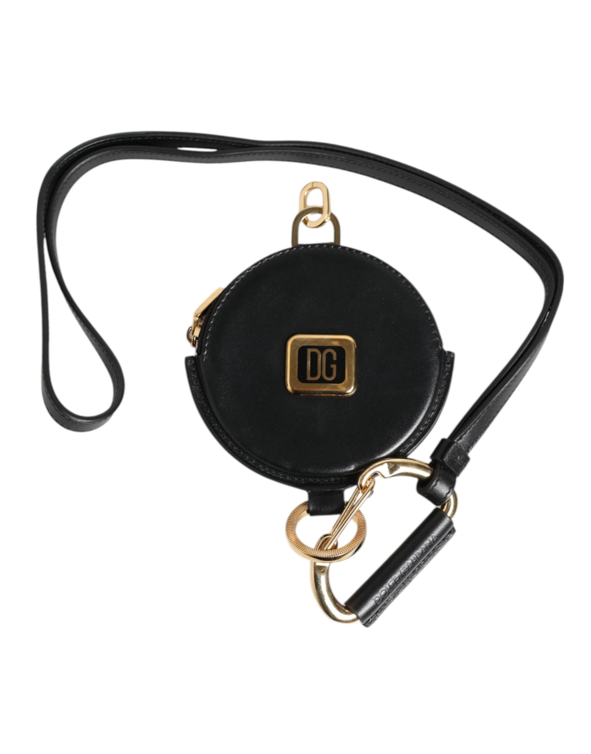 Dolce & Gabbana Black Round Leather DG Logo Coin Purse Lanyard Wallet Curated Luxury Accessories by Orvyn
