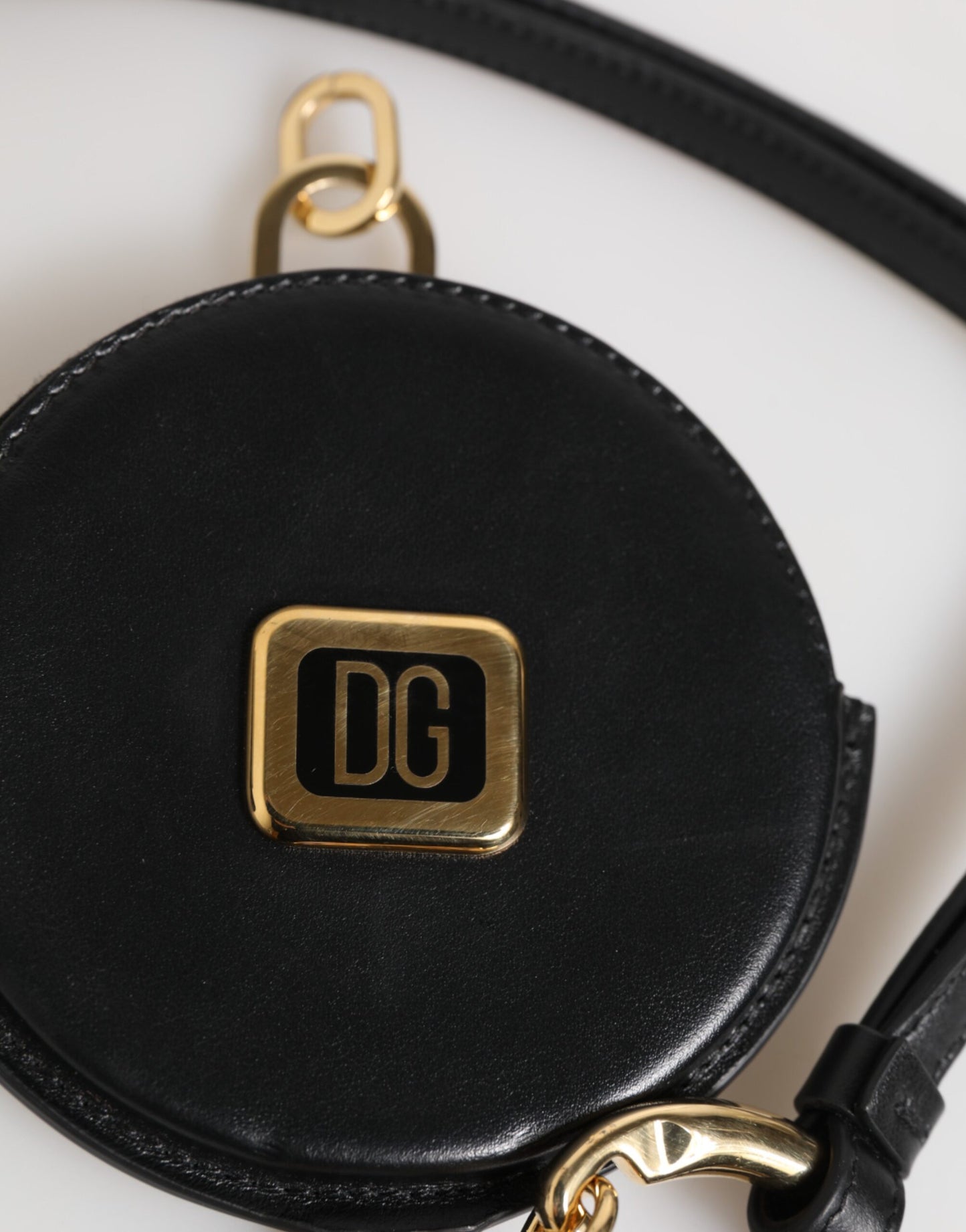 Dolce & Gabbana Black Round Leather DG Logo Coin Purse Lanyard Wallet Curated Luxury Accessories by Orvyn