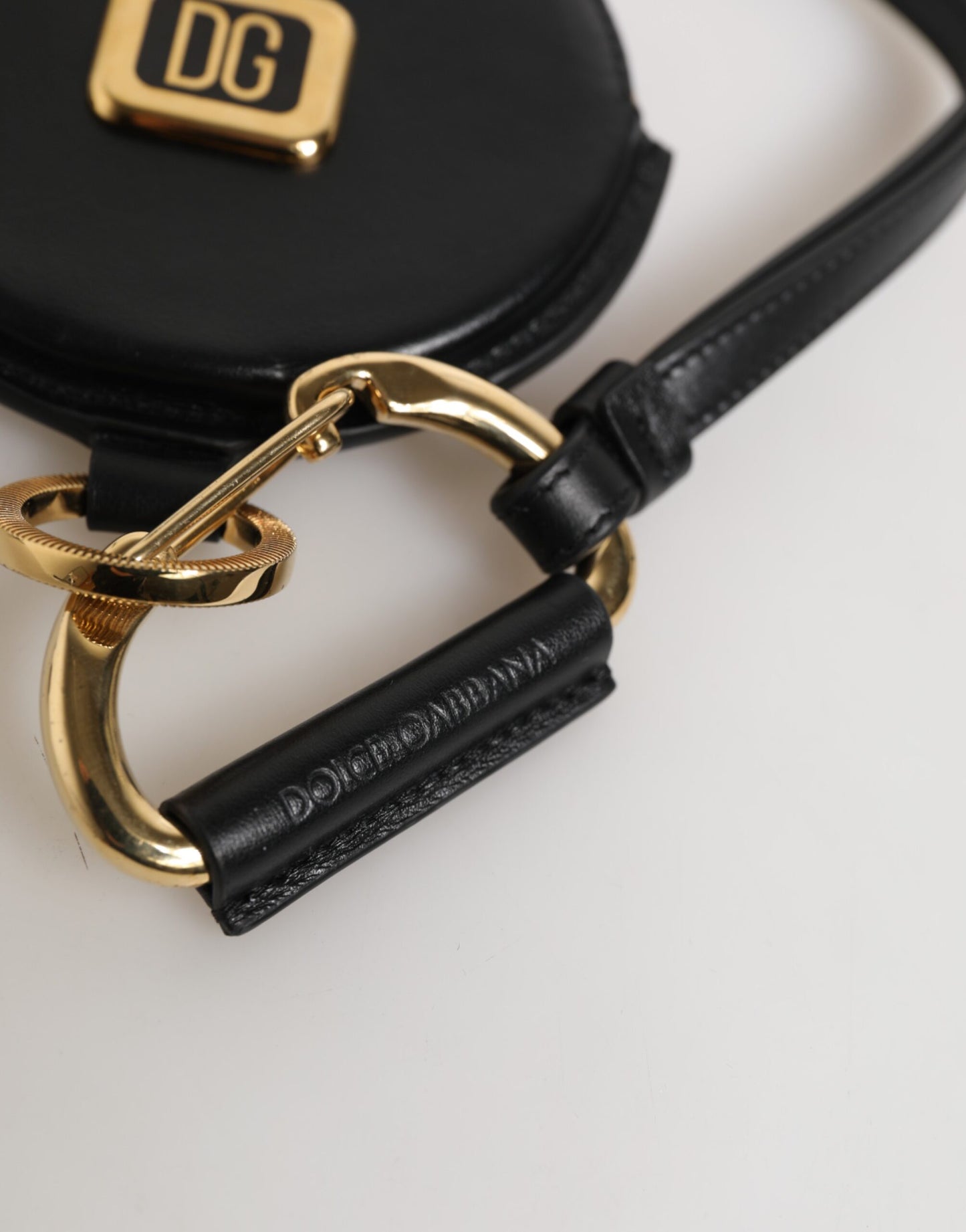 Dolce & Gabbana Black Round Leather DG Logo Coin Purse Lanyard Wallet Curated Luxury Accessories by Orvyn