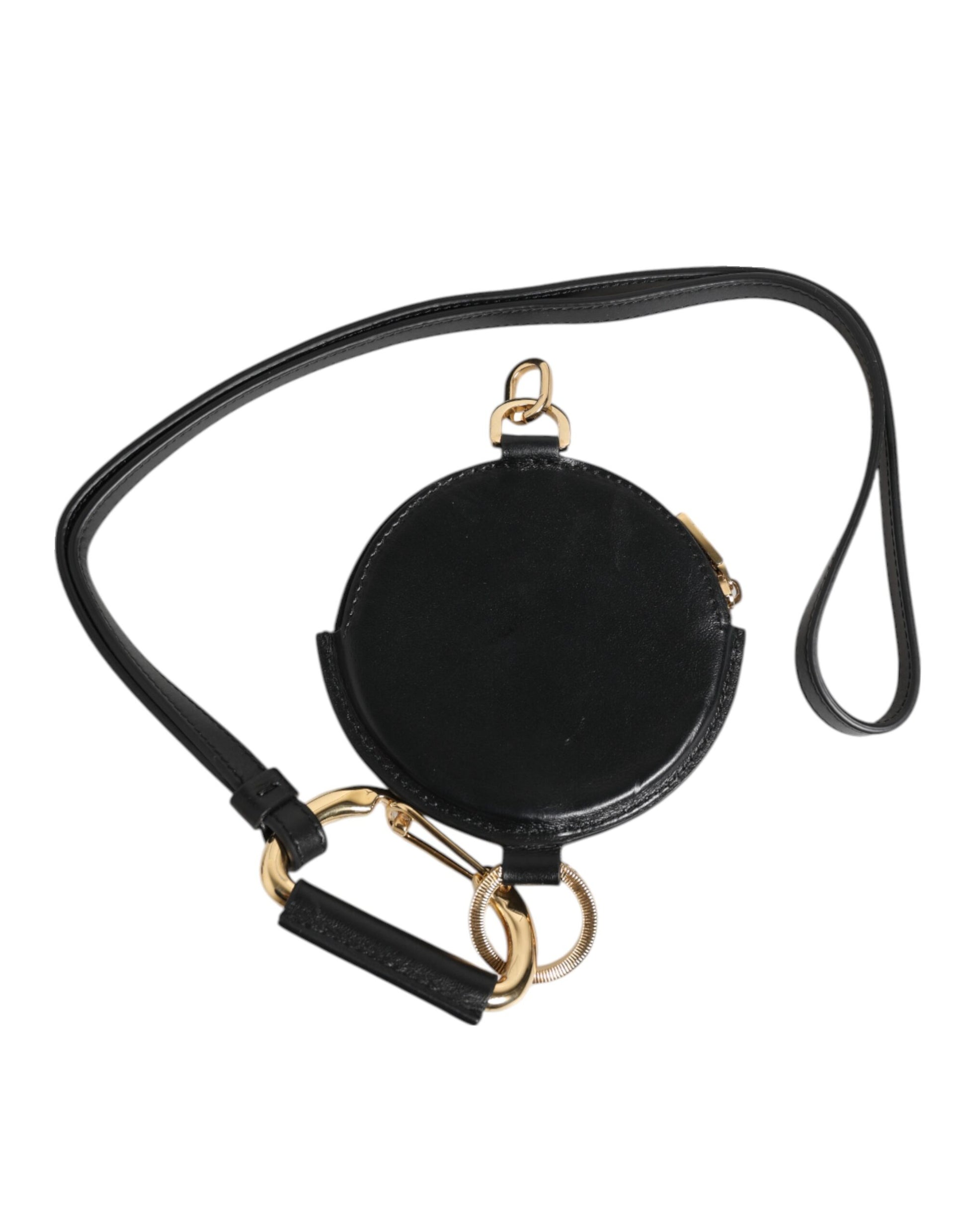Dolce & Gabbana Black Round Leather DG Logo Coin Purse Lanyard Wallet Curated Luxury Accessories by Orvyn