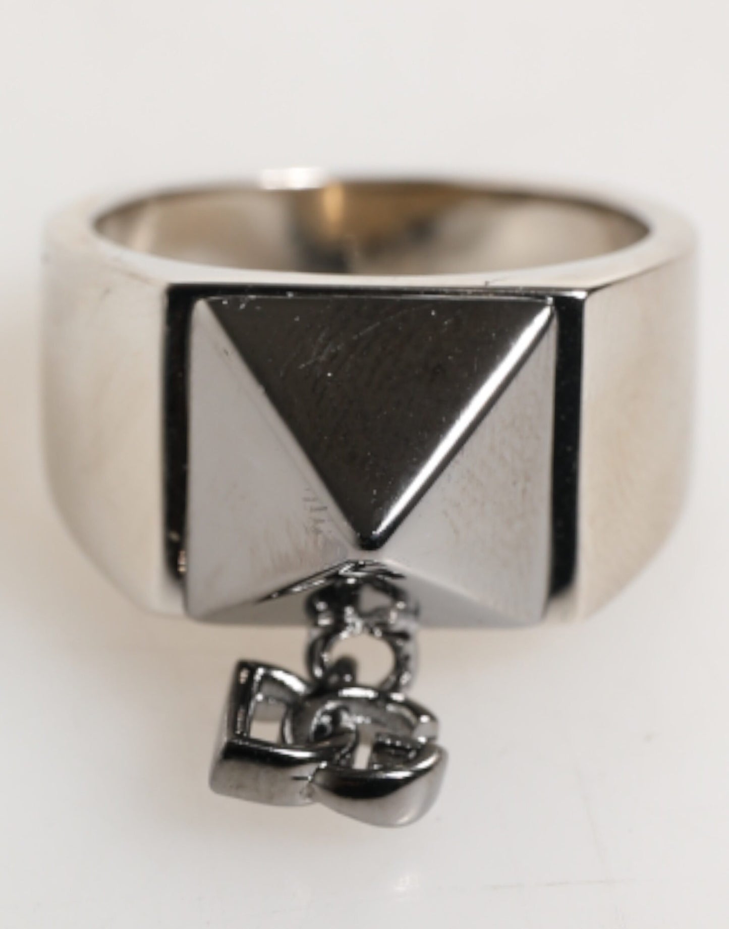 Dolce & Gabbana Silver Tone Pyramid DG Logo Real Brass Ring Curated Luxury Accessories by Orvyn