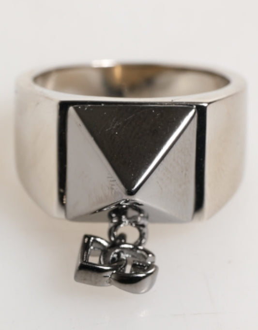 Dolce & Gabbana Silver Tone Pyramid DG Logo Real Brass Ring Curated Luxury Accessories by Orvyn