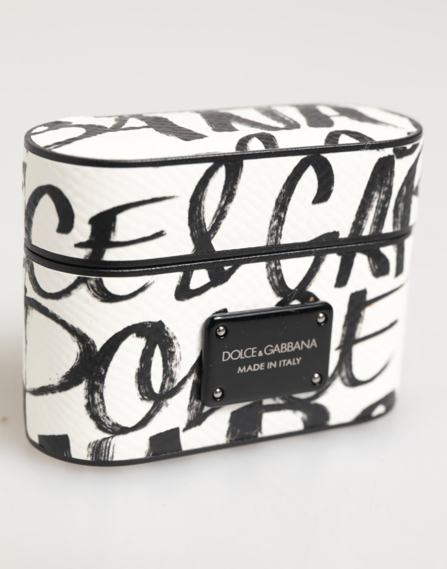 Dolce & Gabbana Black White Leather Monogram Print Logo Holder Airpods Case Curated Luxury Accessories by Orvyn
