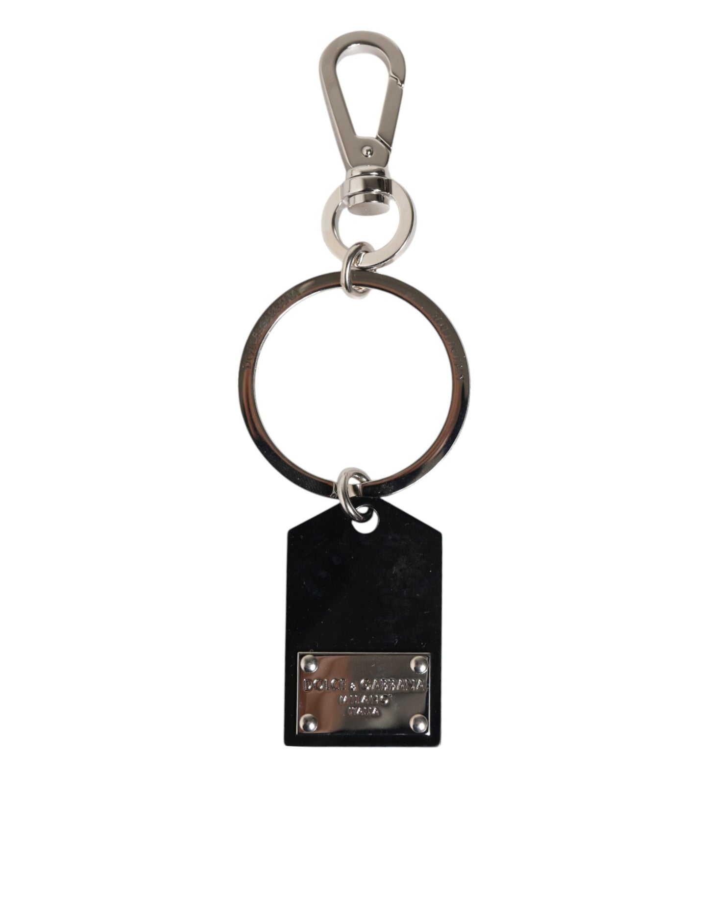 Dolce & Gabbana Black Sint Glass Plaque DG Logo Metal PlateKeychain Keyring Curated Luxury Accessories by Orvyn
