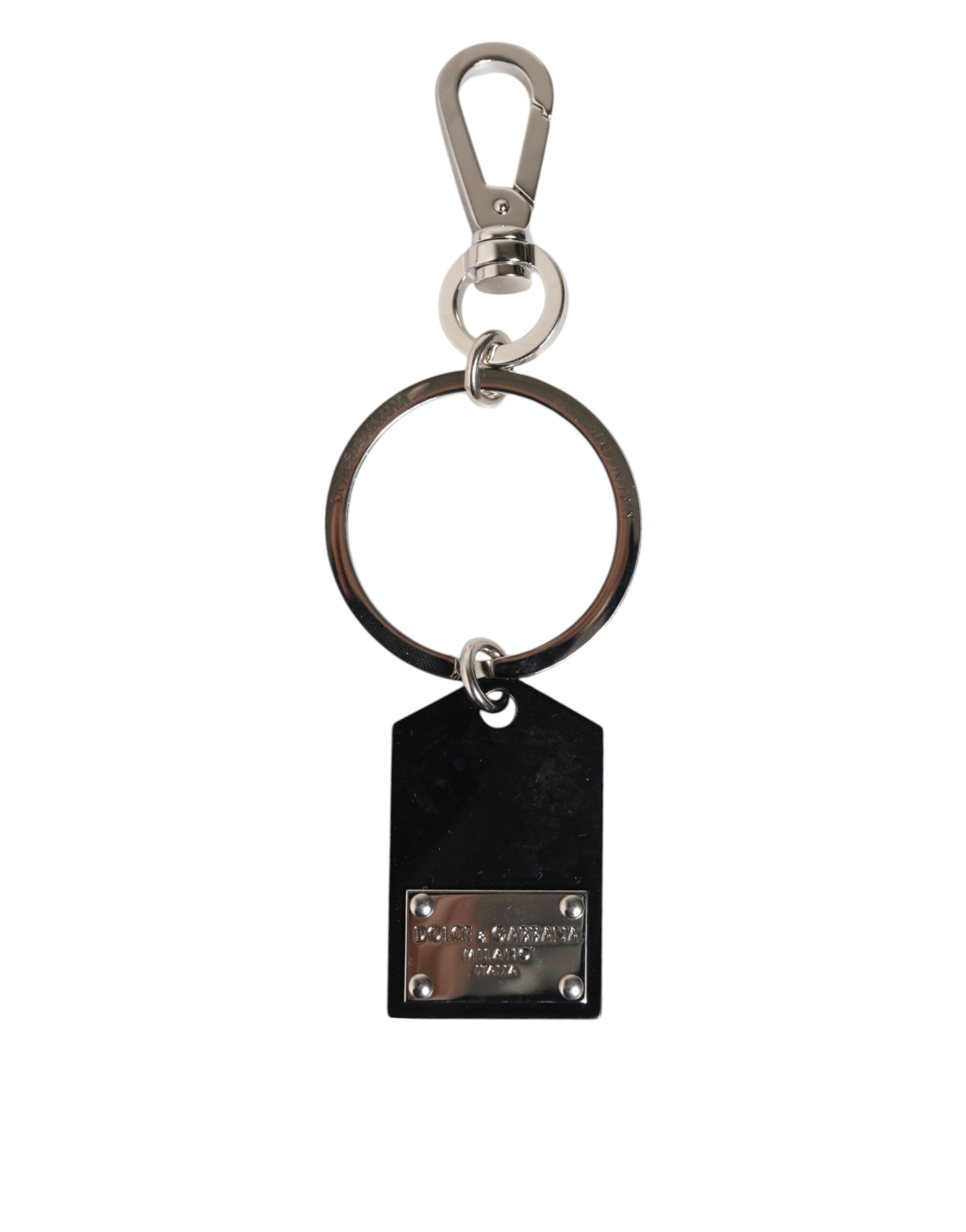 Dolce & Gabbana Black Sint Glass Plaque DG Logo Metal PlateKeychain Keyring Curated Luxury Accessories by Orvyn