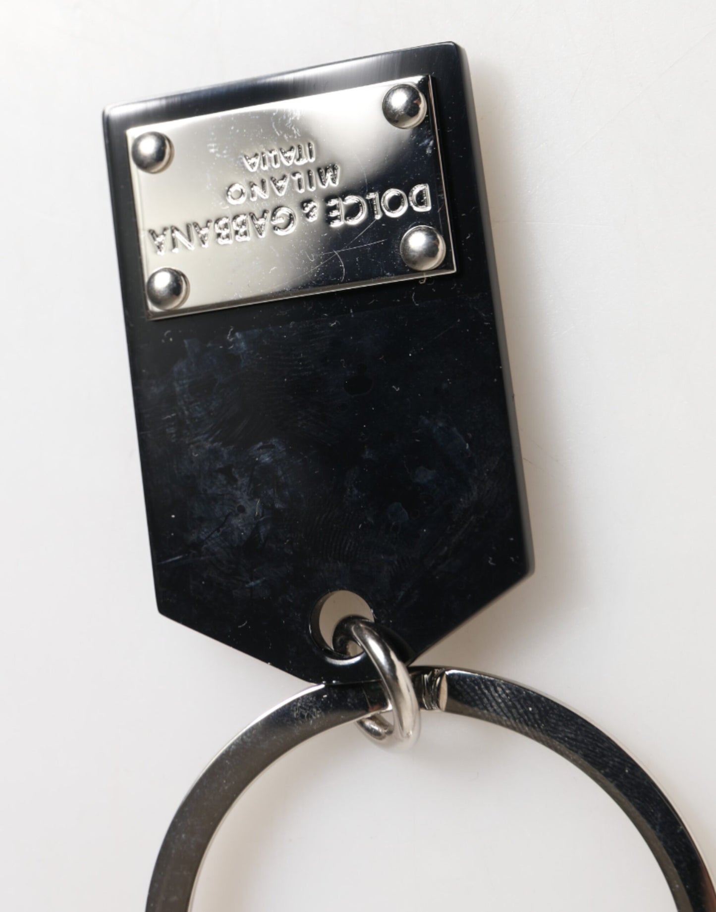 Dolce & Gabbana Black Sint Glass Plaque DG Logo Metal PlateKeychain Keyring Curated Luxury Accessories by Orvyn