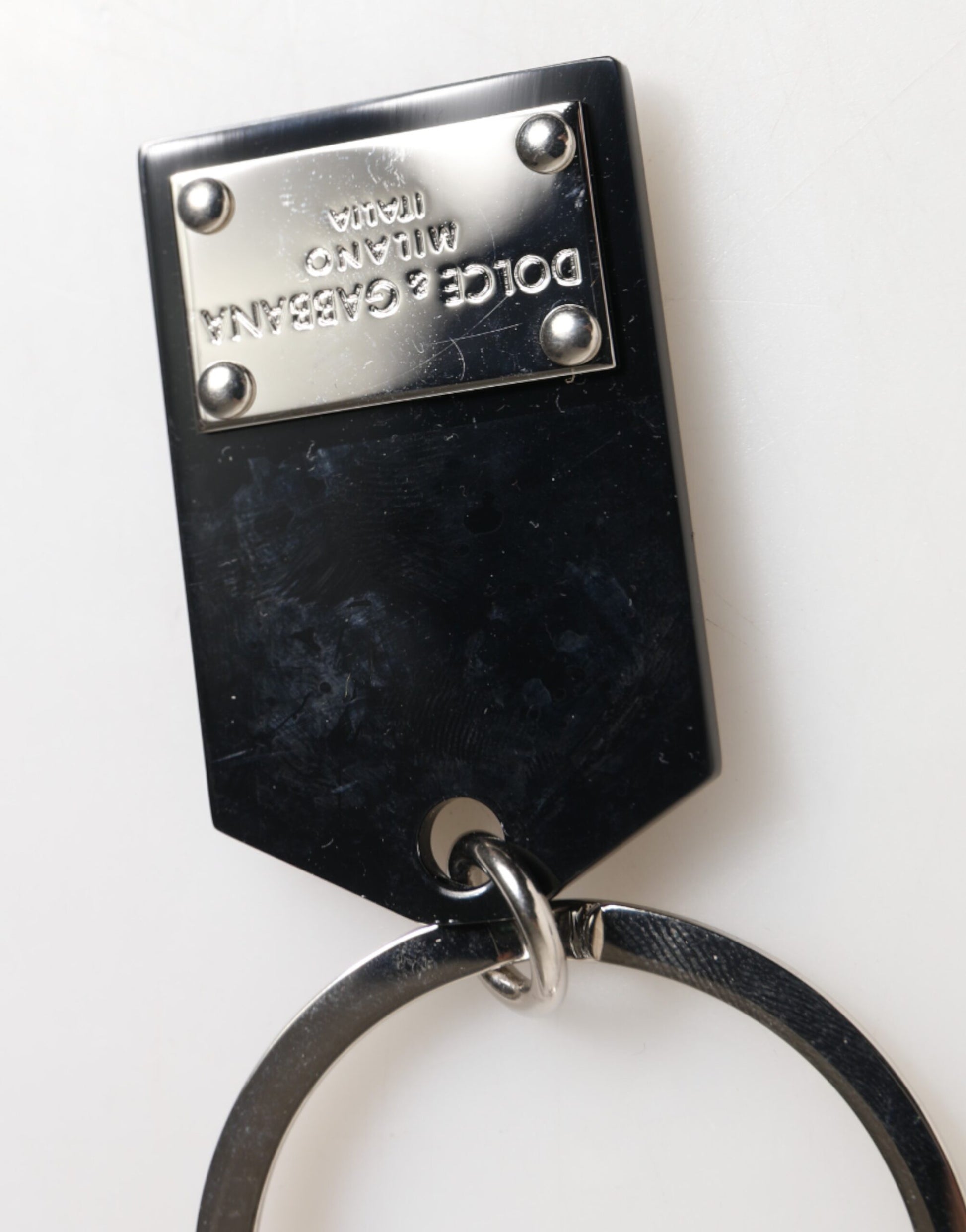 Dolce & Gabbana Black Sint Glass Plaque DG Logo Metal PlateKeychain Keyring Curated Luxury Accessories by Orvyn