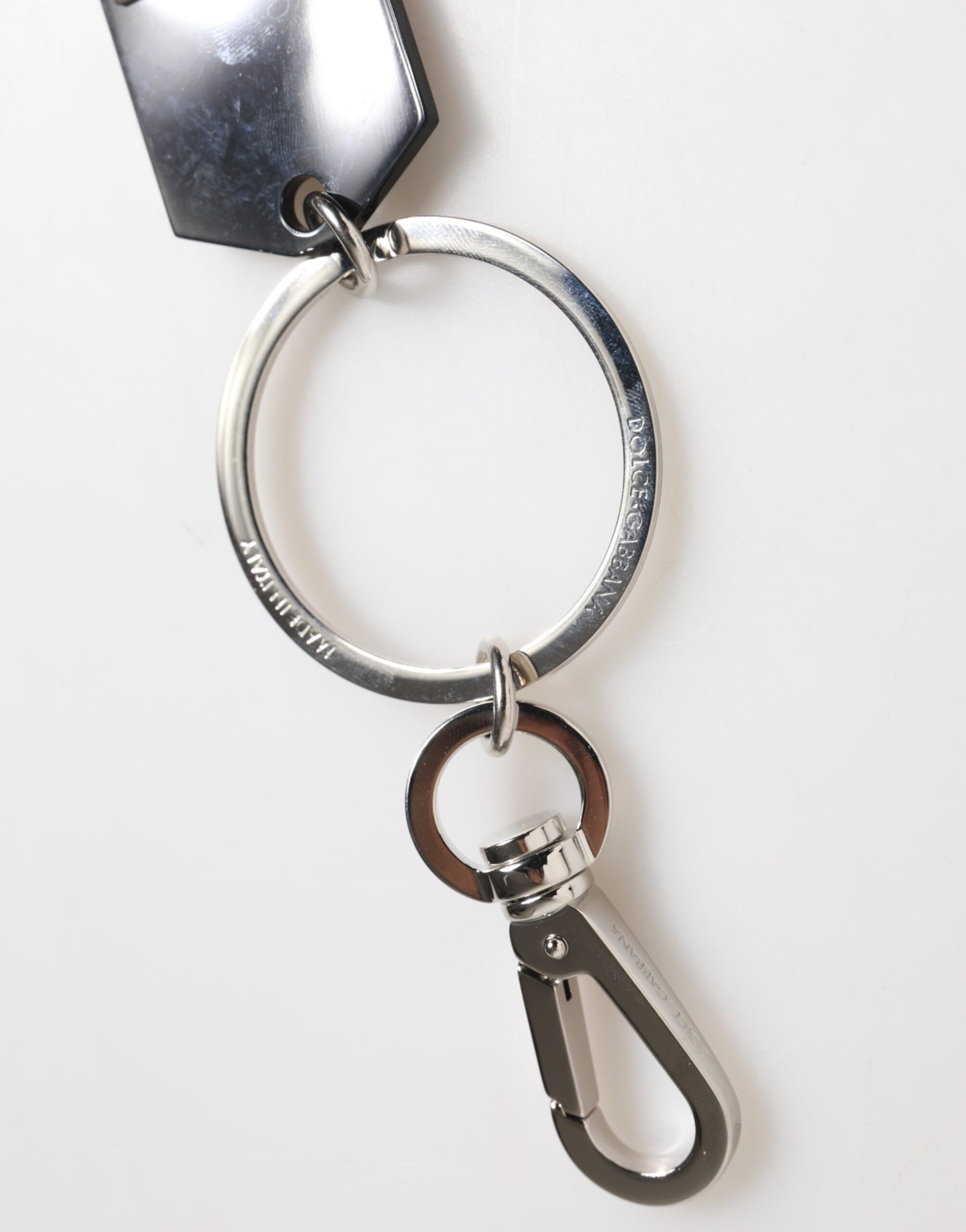 Dolce & Gabbana Black Sint Glass Plaque DG Logo Metal PlateKeychain Keyring Curated Luxury Accessories by Orvyn