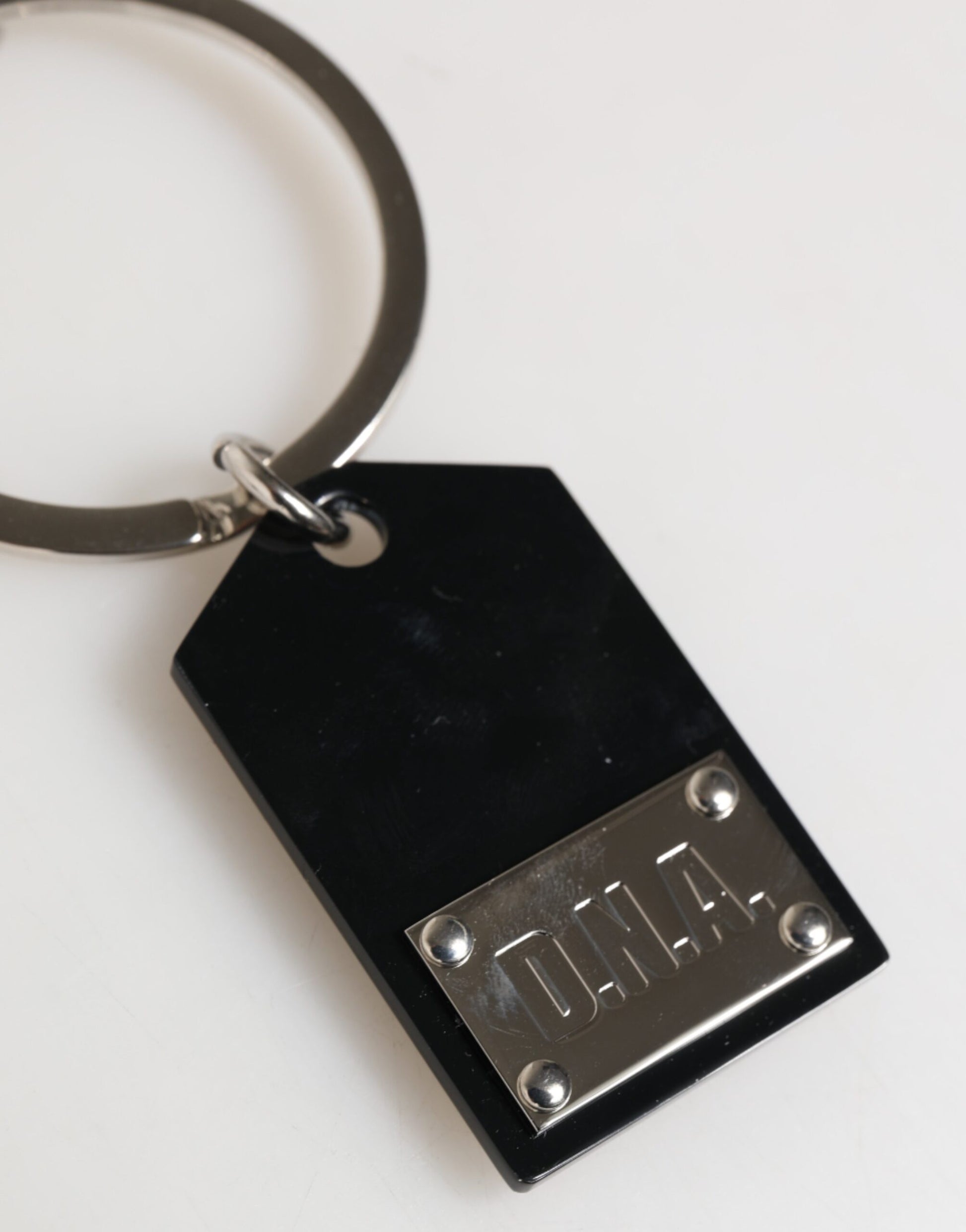 Dolce & Gabbana Black Sint Glass Plaque DG Logo Metal PlateKeychain Keyring Curated Luxury Accessories by Orvyn