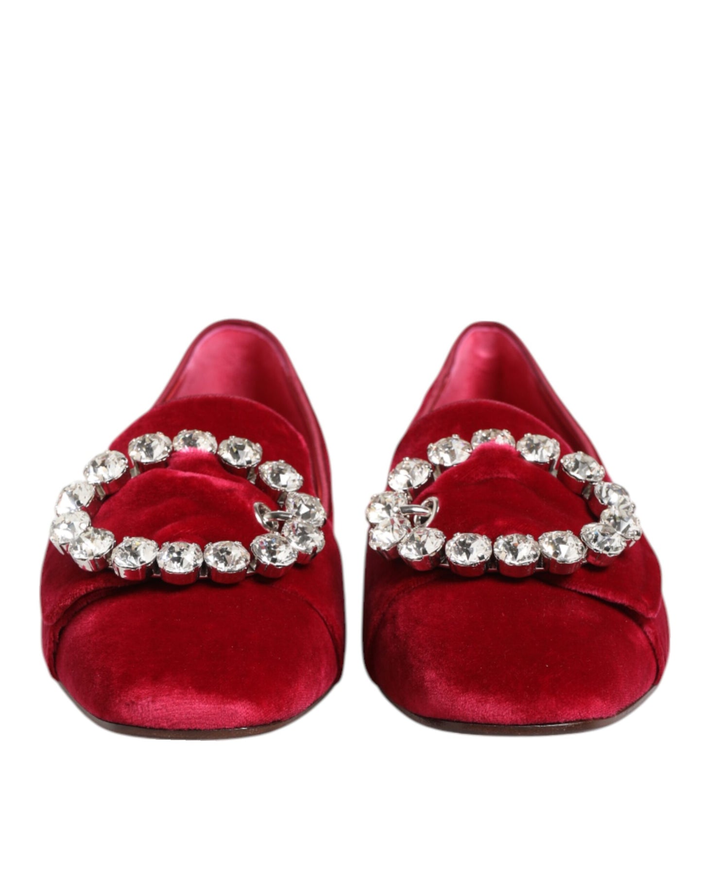 Dolce & Gabbana Red Velvet Crystal Buckle Loafers Flats Shoes Curated Luxury Accessories by Orvyn