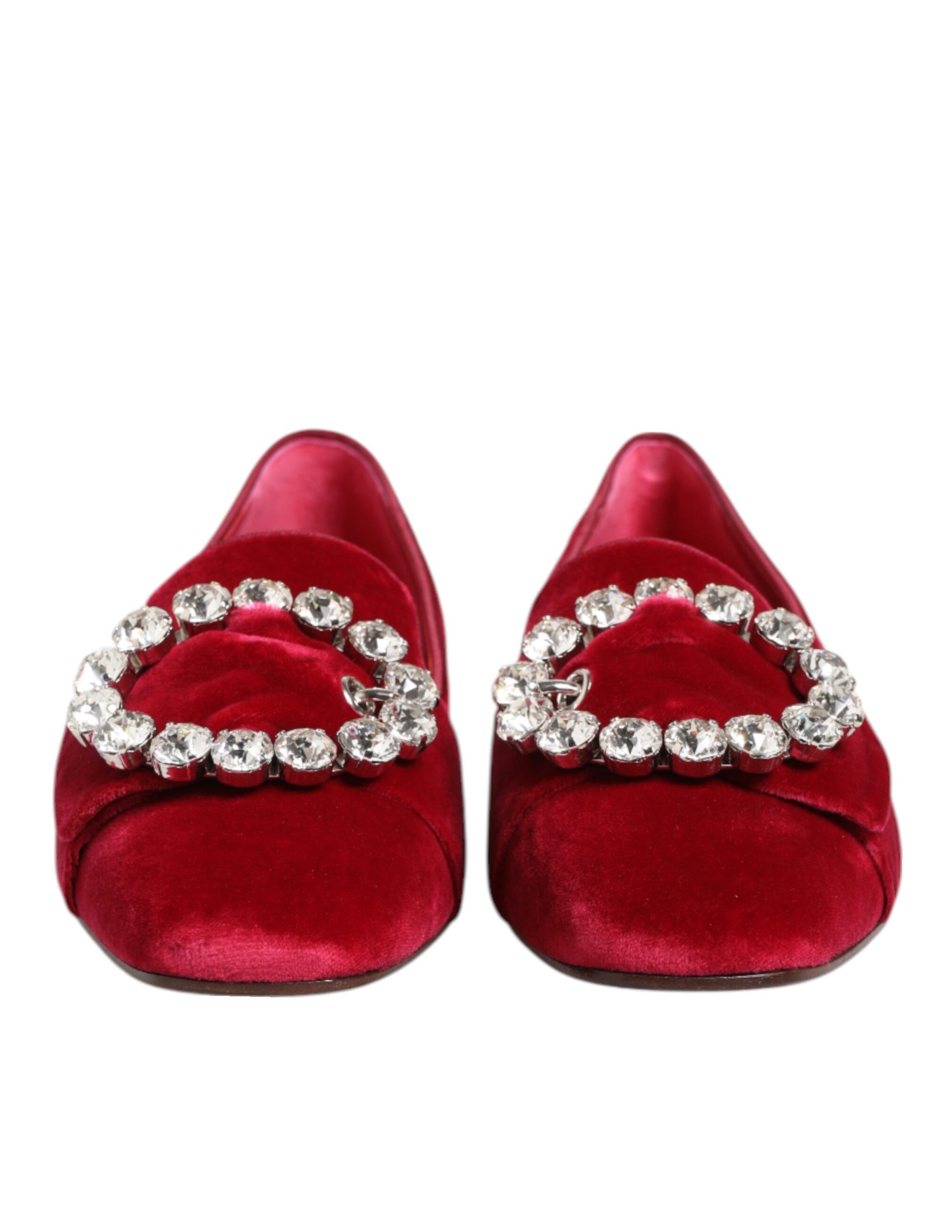 Dolce & Gabbana Red Velvet Crystal Buckle Loafers Flats Shoes Curated Luxury Accessories by Orvyn