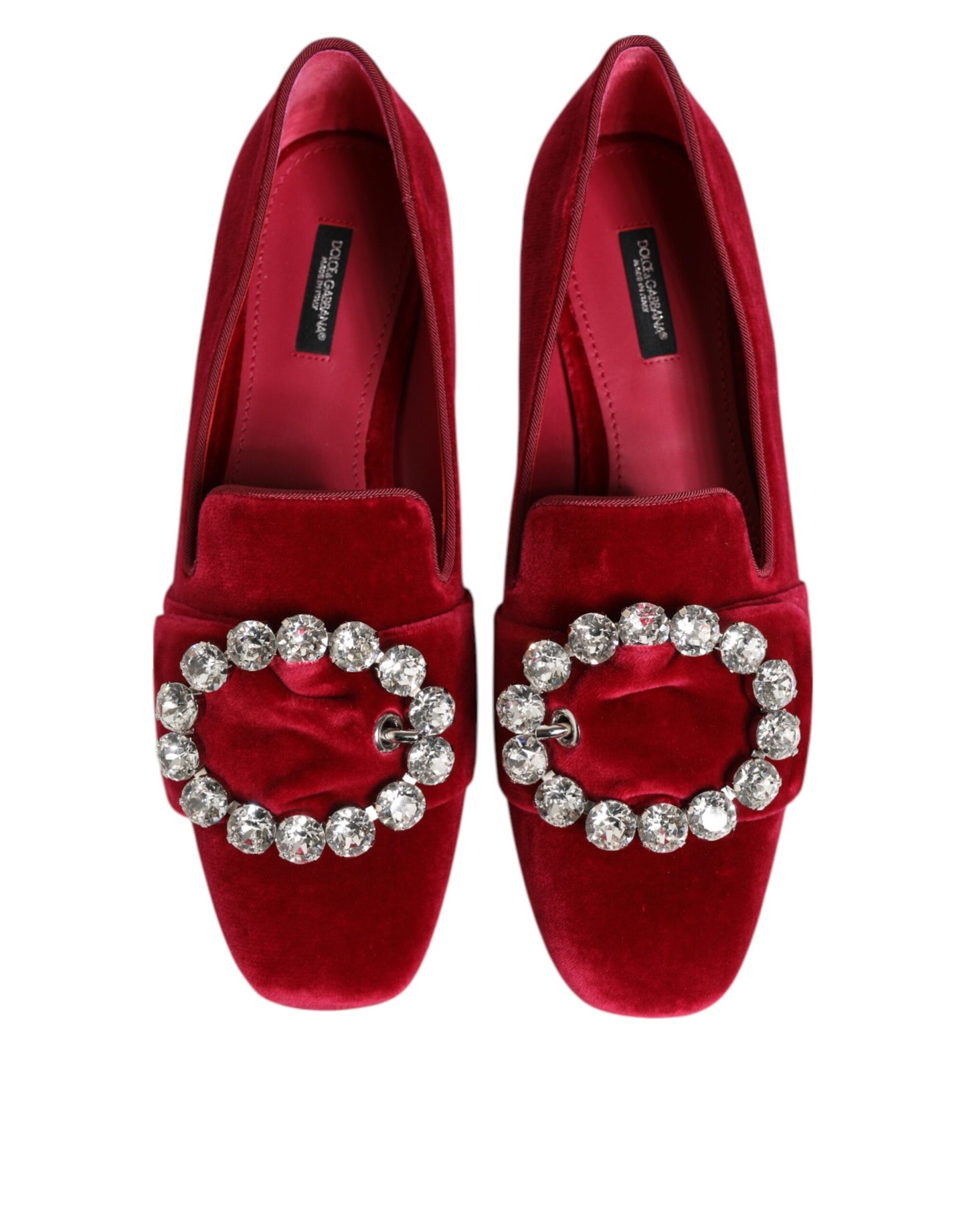 Dolce & Gabbana Red Velvet Crystal Buckle Loafers Flats Shoes Curated Luxury Accessories by Orvyn