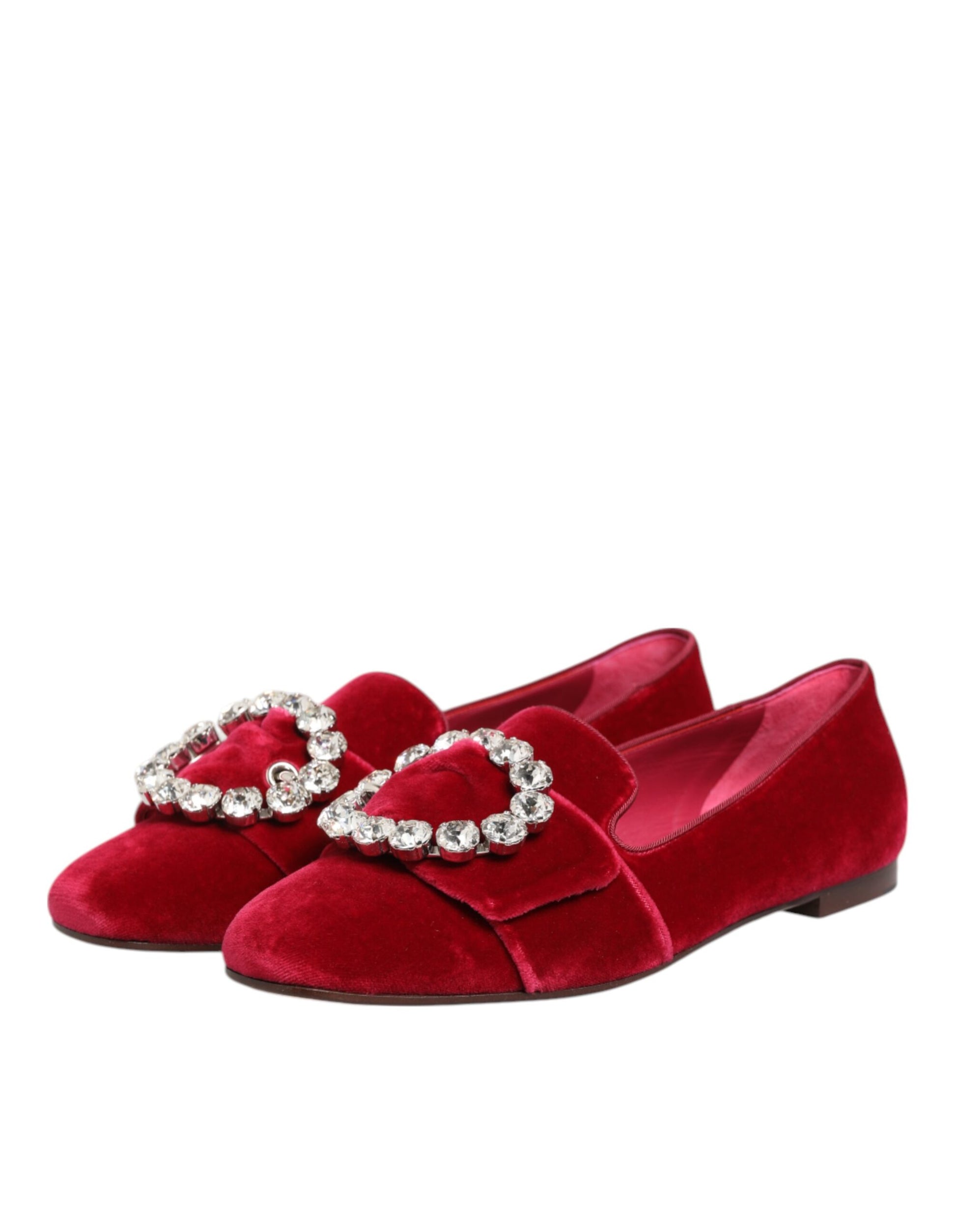 Dolce & Gabbana Red Velvet Crystal Buckle Loafers Flats Shoes Curated Luxury Accessories by Orvyn