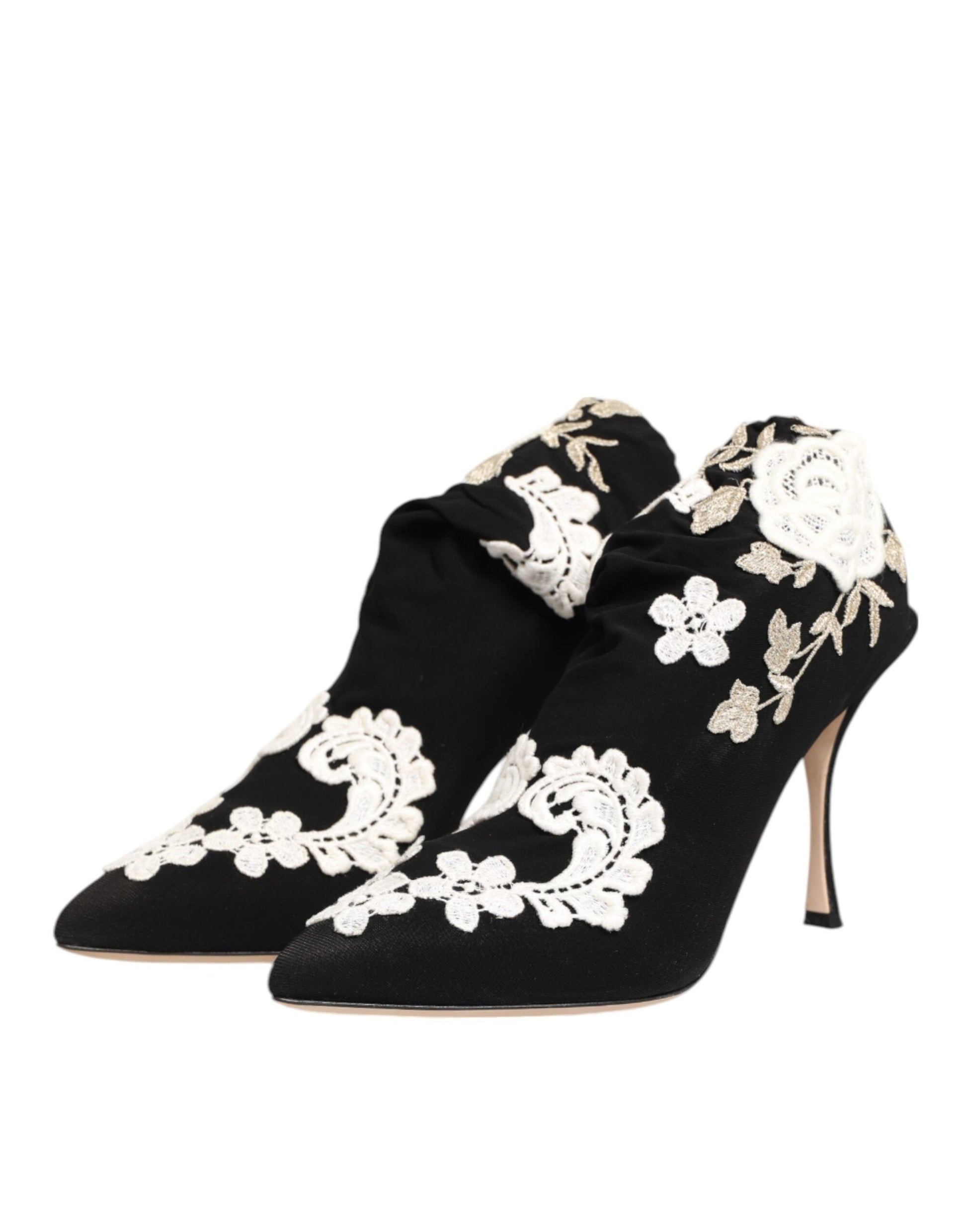 Dolce & Gabbana Black White Embroidered Jersey Stiletto Boots Shoes Curated Luxury Accessories by Orvyn