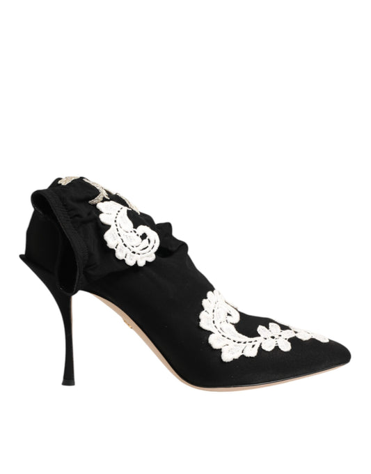 Dolce & Gabbana Black White Embroidered Jersey Stiletto Boots Shoes Curated Luxury Accessories by Orvyn