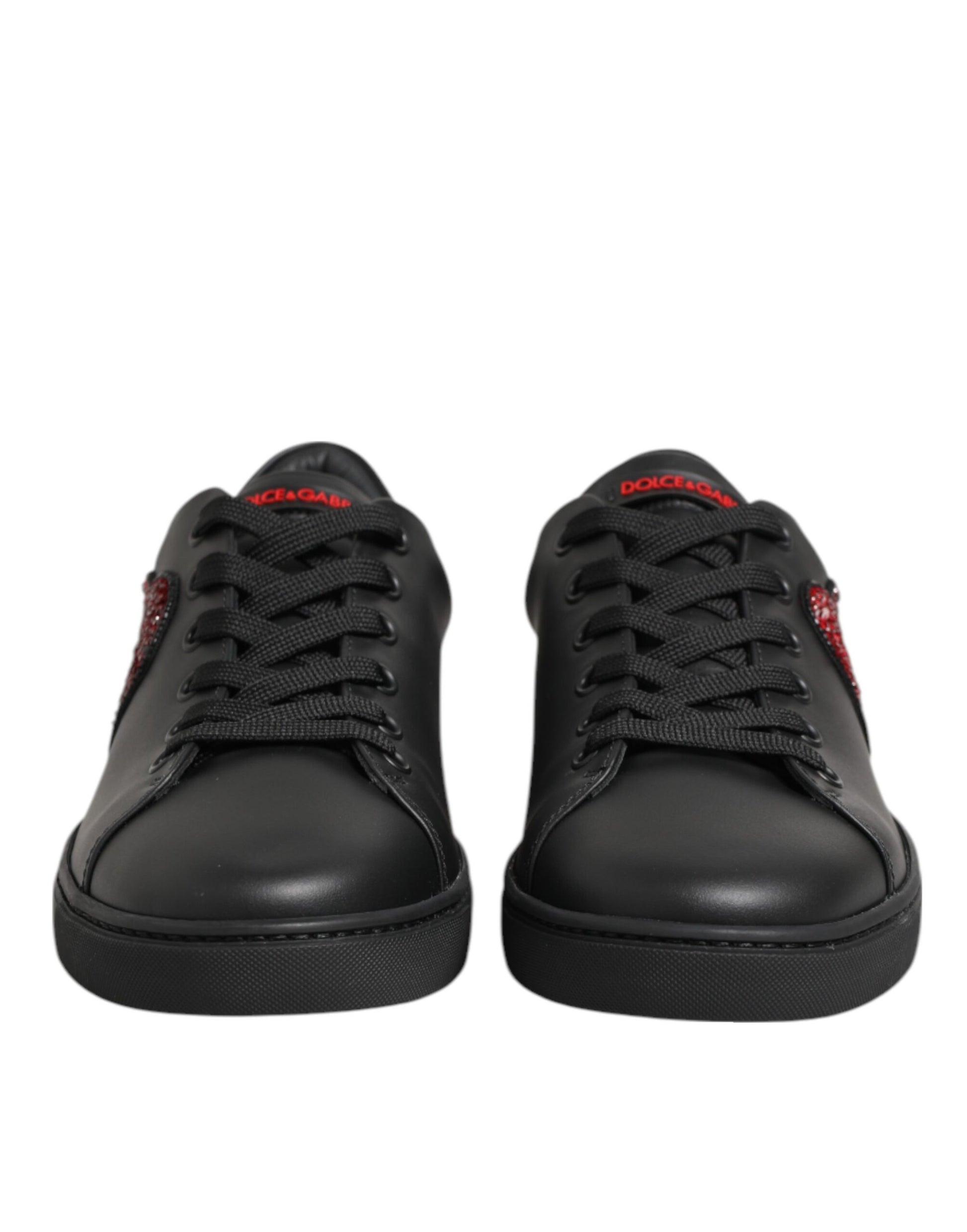 Dolce & Gabbana Black Leather Crystal Heart Low Top Sneakers Shoes Curated Luxury Accessories by Orvyn