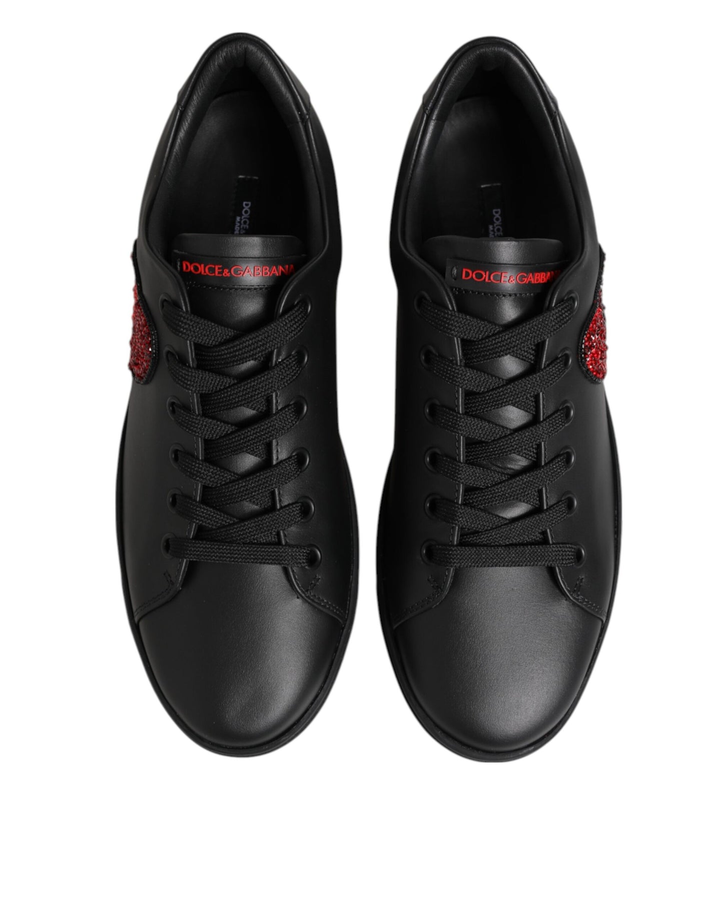 Dolce & Gabbana Black Leather Crystal Heart Low Top Sneakers Shoes Curated Luxury Accessories by Orvyn