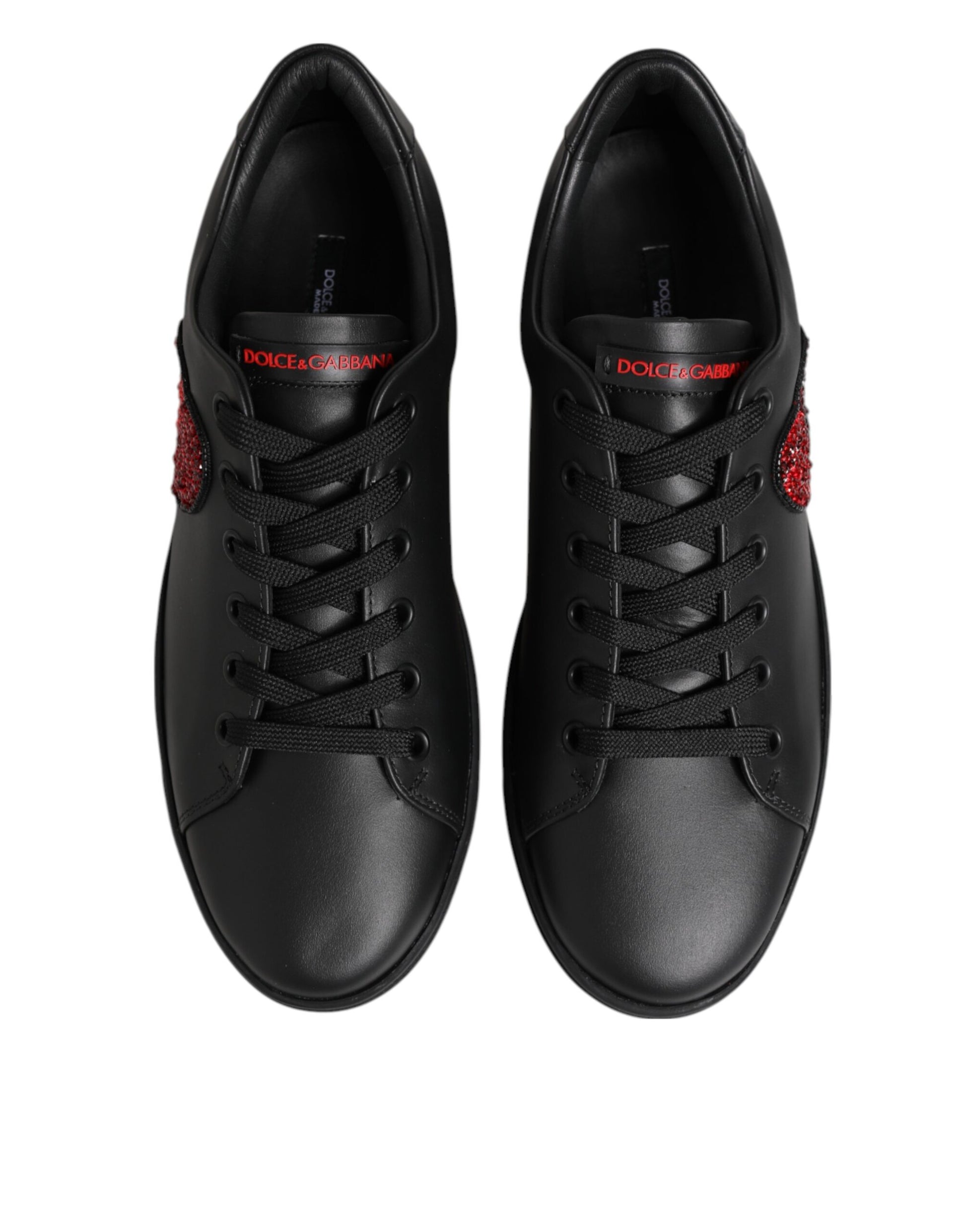 Dolce & Gabbana Black Leather Crystal Heart Low Top Sneakers Shoes Curated Luxury Accessories by Orvyn