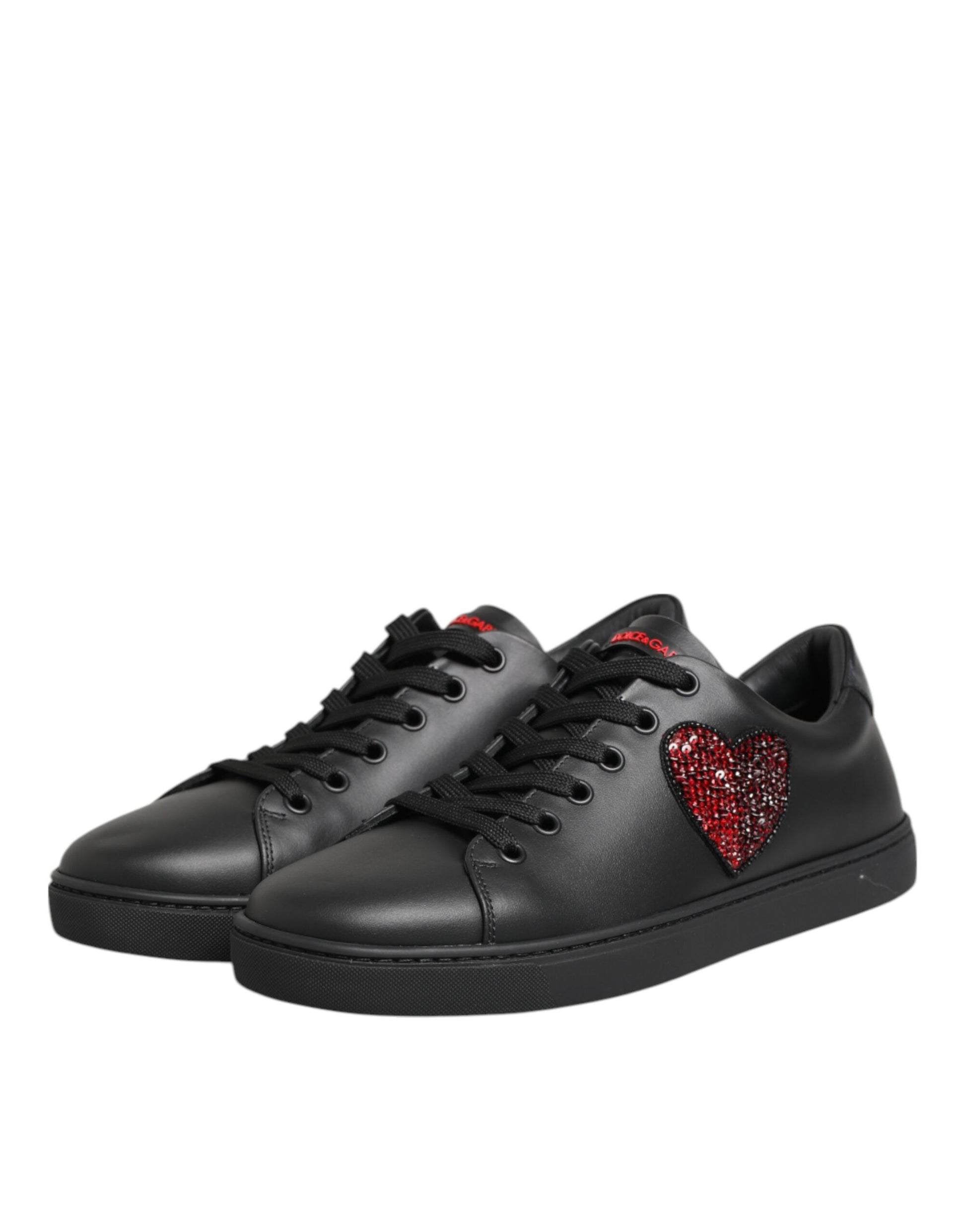 Dolce & Gabbana Black Leather Crystal Heart Low Top Sneakers Shoes Curated Luxury Accessories by Orvyn