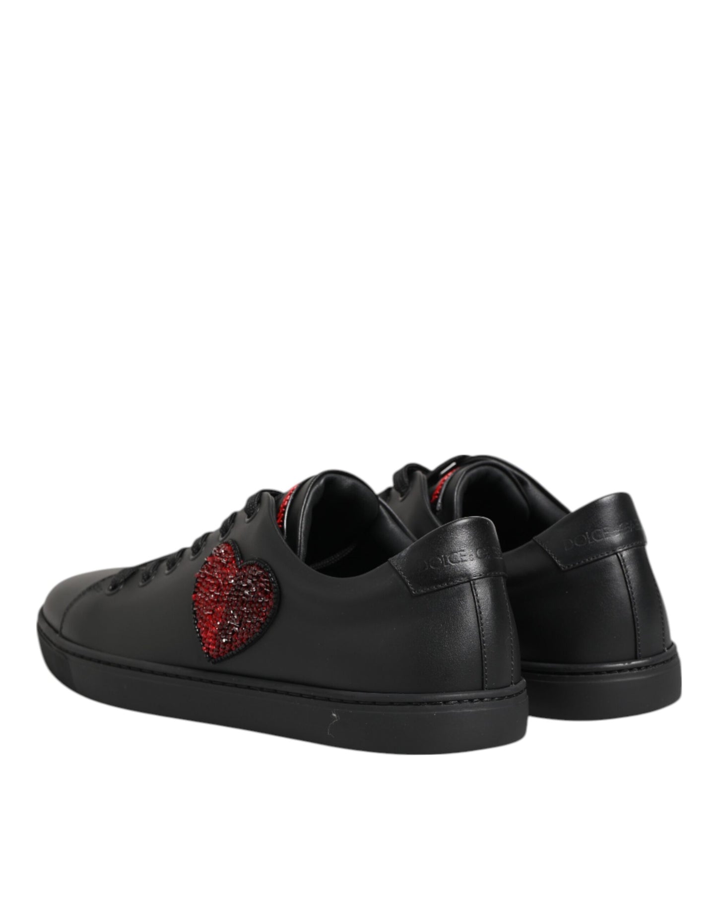 Dolce & Gabbana Black Leather Crystal Heart Low Top Sneakers Shoes Curated Luxury Accessories by Orvyn