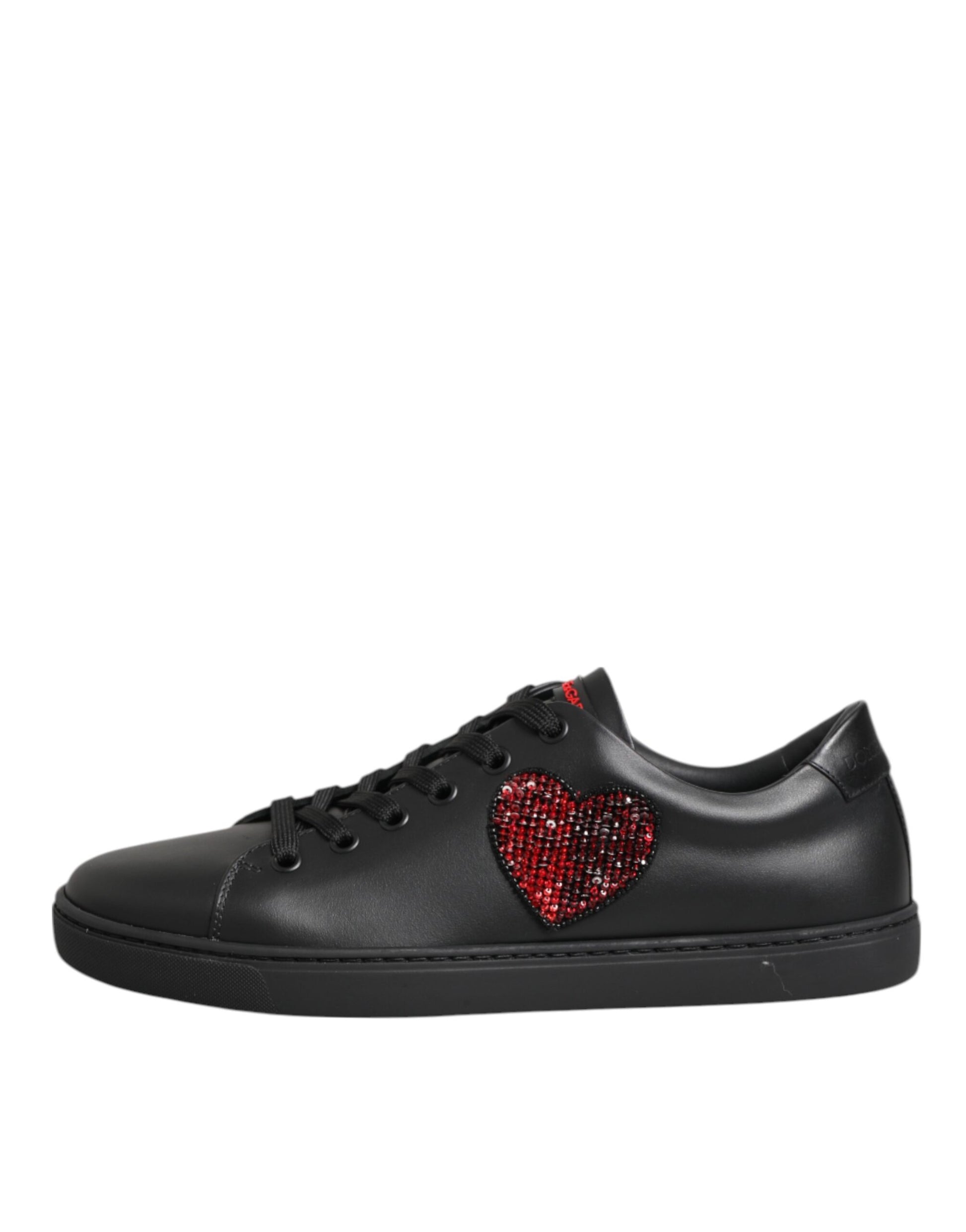 Dolce & Gabbana Black Leather Crystal Heart Low Top Sneakers Shoes Curated Luxury Accessories by Orvyn
