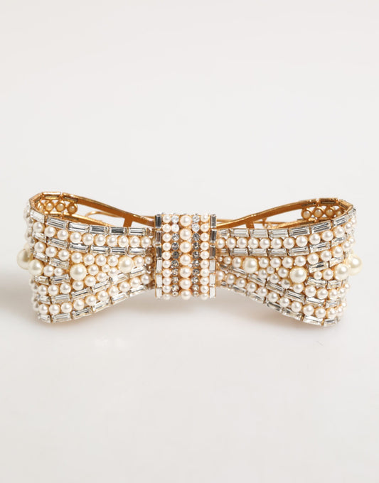 Dolce & Gabbana Gold Brass Glas Crystal Faux Pearl Embellished Brooch Curated Luxury Accessories by Orvyn