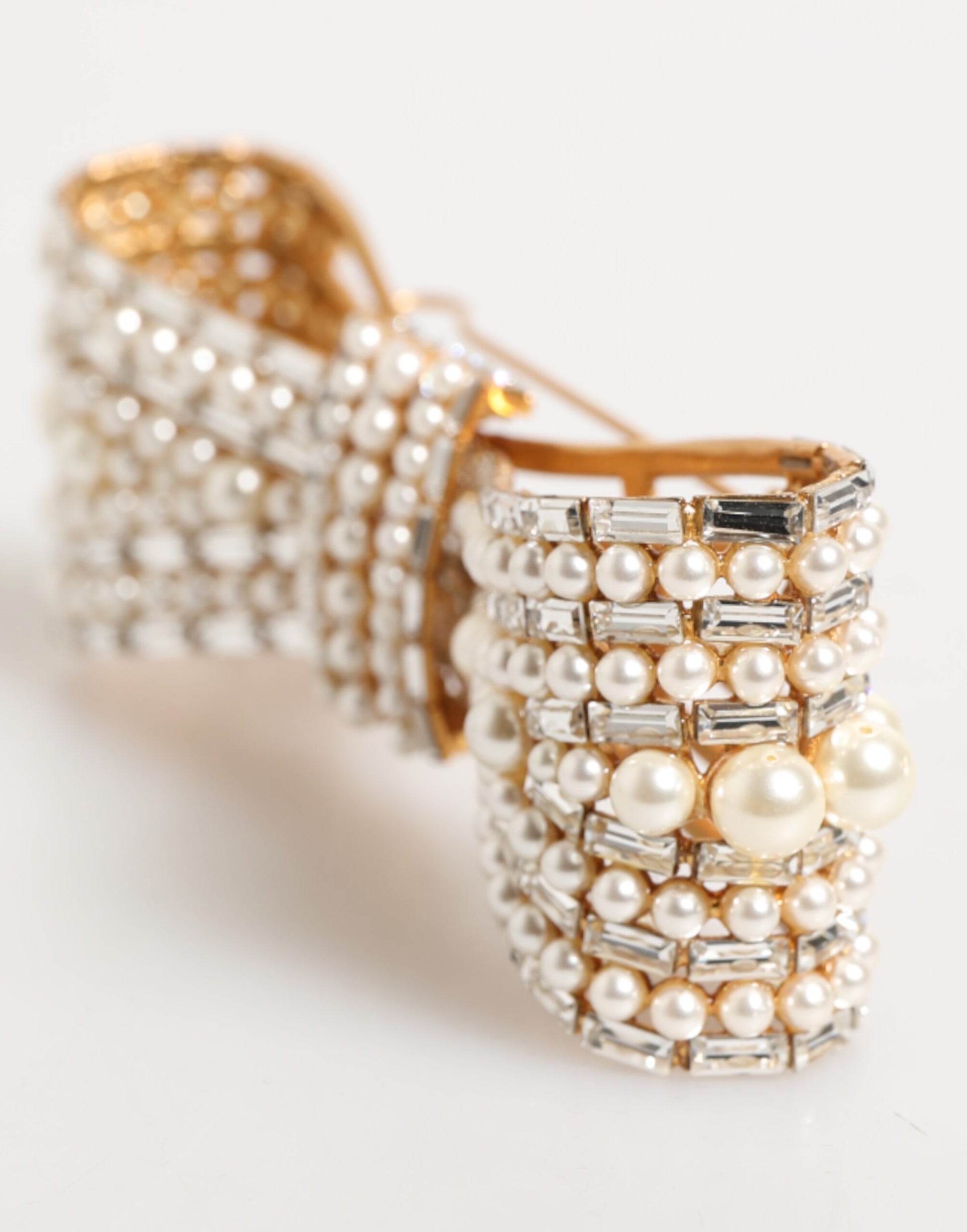 Dolce & Gabbana Gold Brass Glas Crystal Faux Pearl Embellished Brooch Curated Luxury Accessories by Orvyn