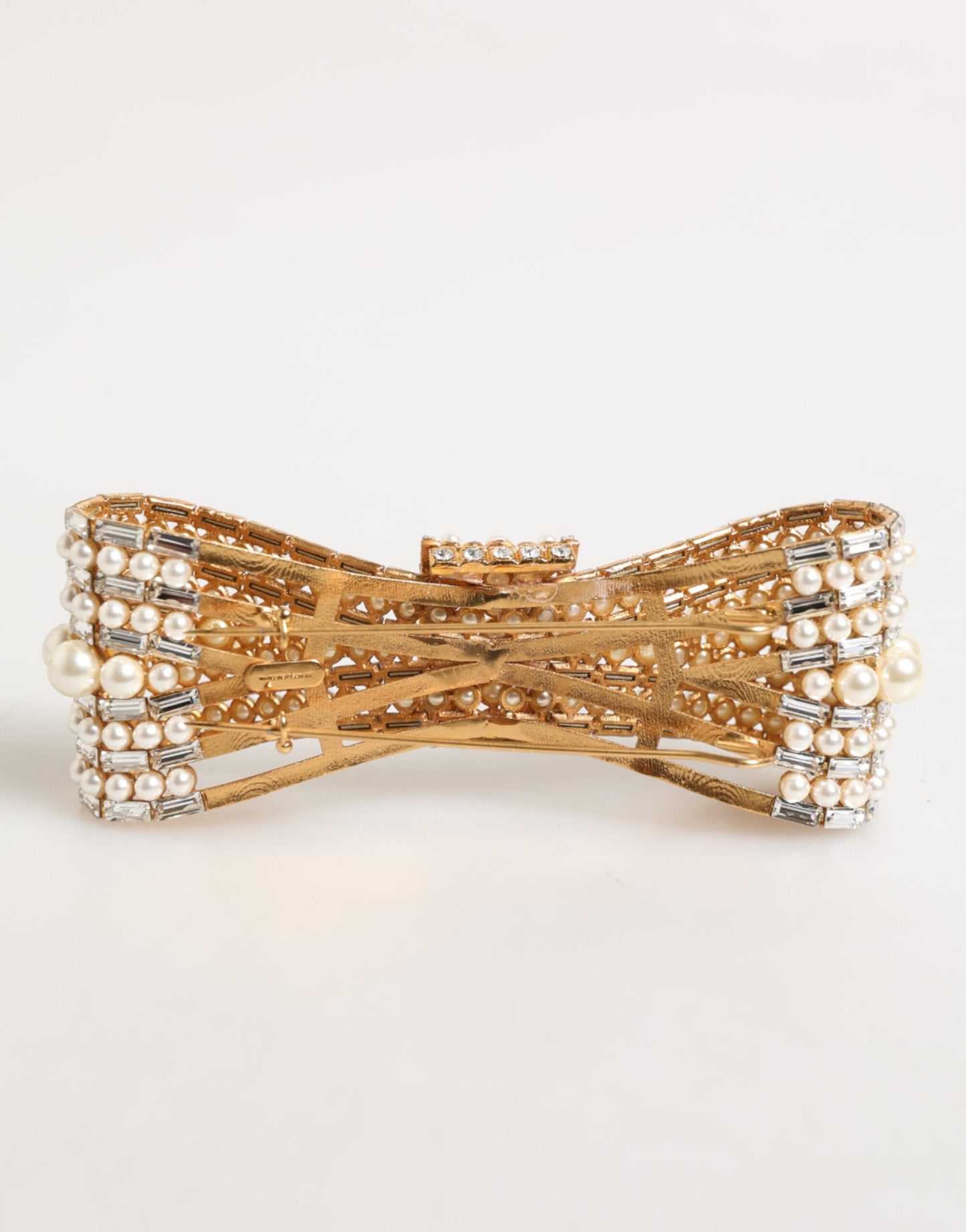 Dolce & Gabbana Gold Brass Glas Crystal Faux Pearl Embellished Brooch Curated Luxury Accessories by Orvyn