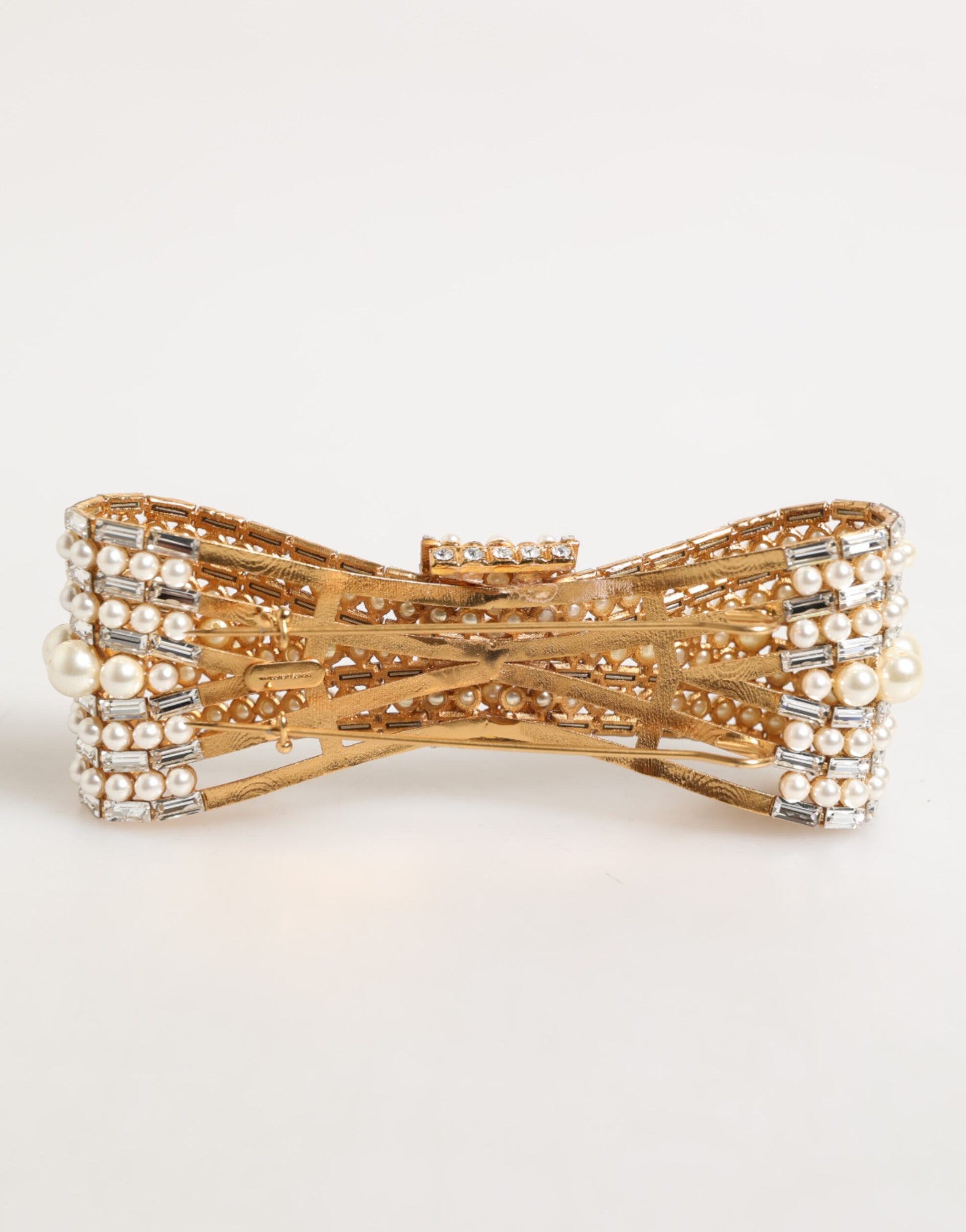 Dolce & Gabbana Gold Brass Glas Crystal Faux Pearl Embellished Brooch Curated Luxury Accessories by Orvyn
