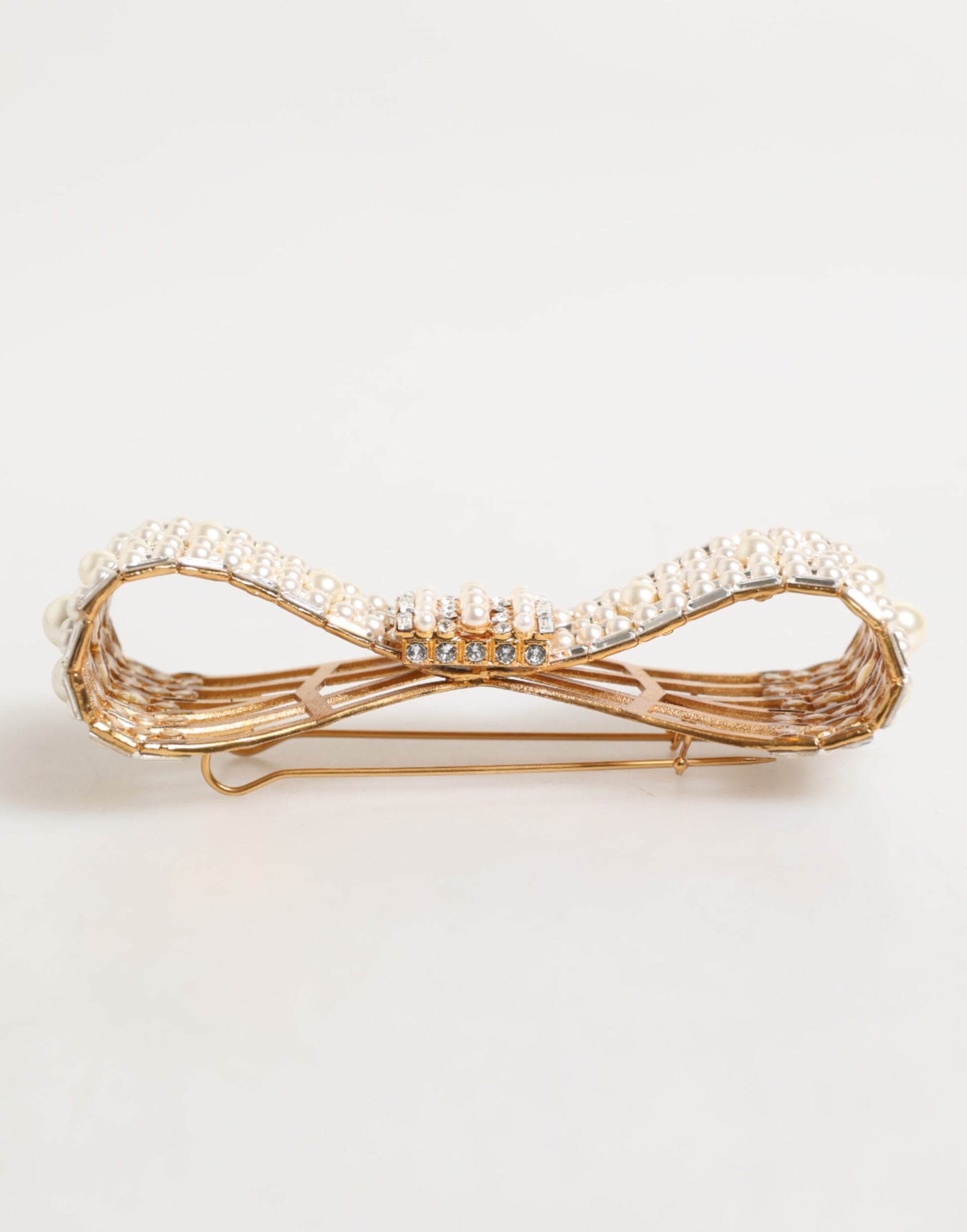 Dolce & Gabbana Gold Brass Glas Crystal Faux Pearl Embellished Brooch Curated Luxury Accessories by Orvyn