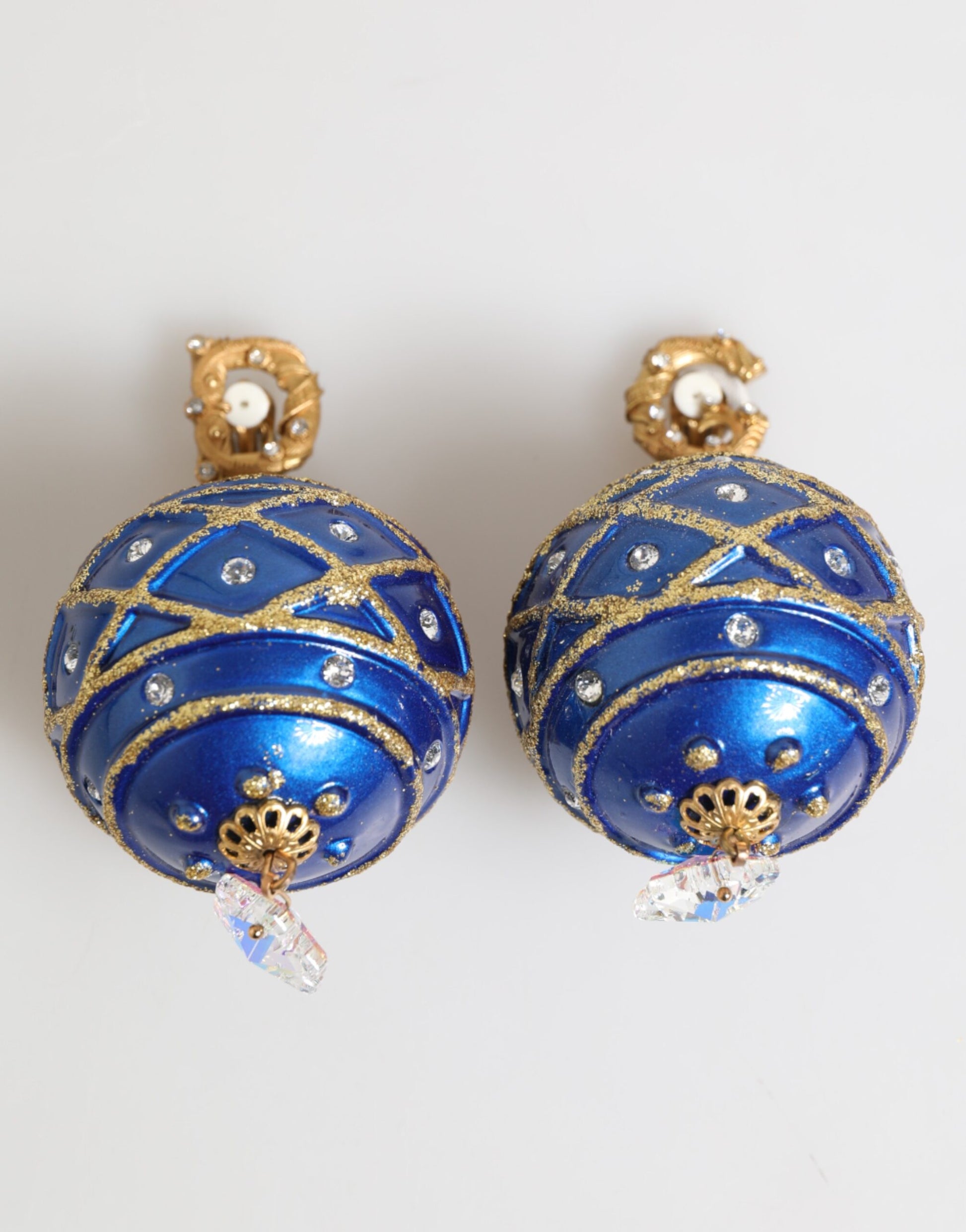 Dolce & Gabbana Gold Brass Blue Christmas Ball Crystal Drop Clip On Earrings Curated Luxury Accessories by Orvyn