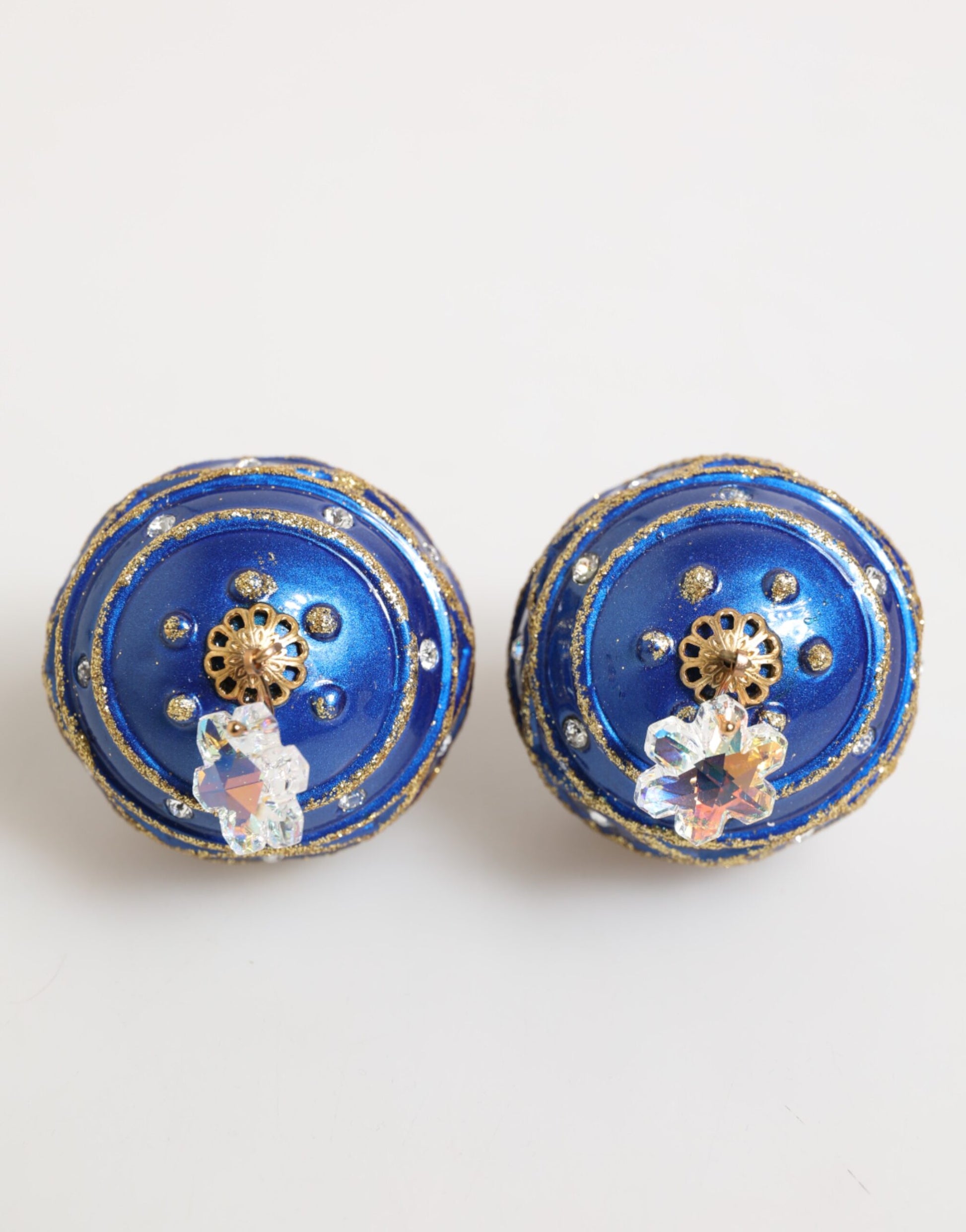 Dolce & Gabbana Gold Brass Blue Christmas Ball Crystal Drop Clip On Earrings Curated Luxury Accessories by Orvyn