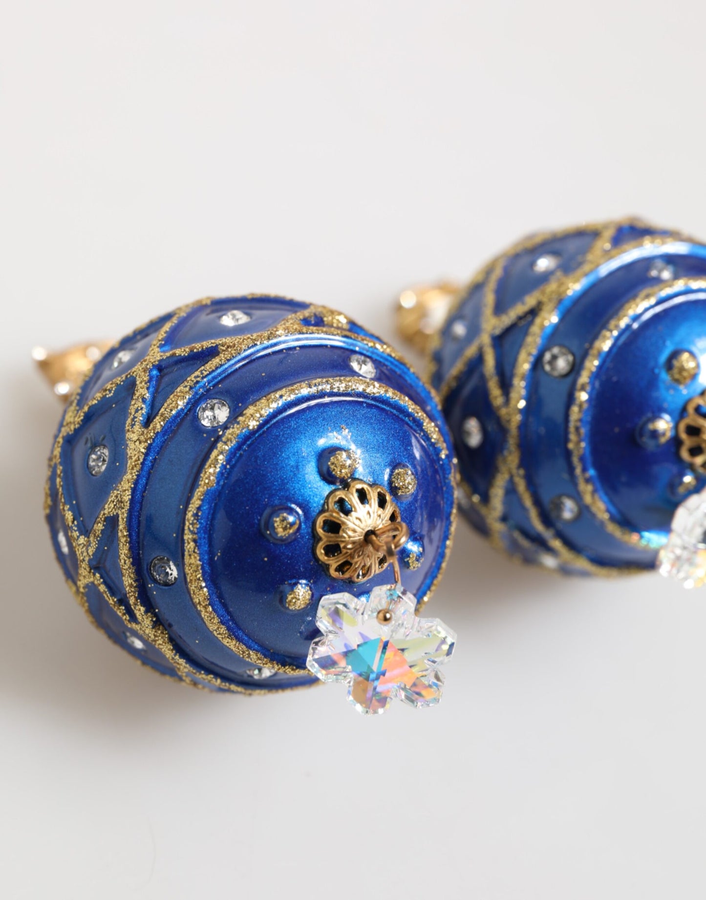 Dolce & Gabbana Gold Brass Blue Christmas Ball Crystal Drop Clip On Earrings Curated Luxury Accessories by Orvyn