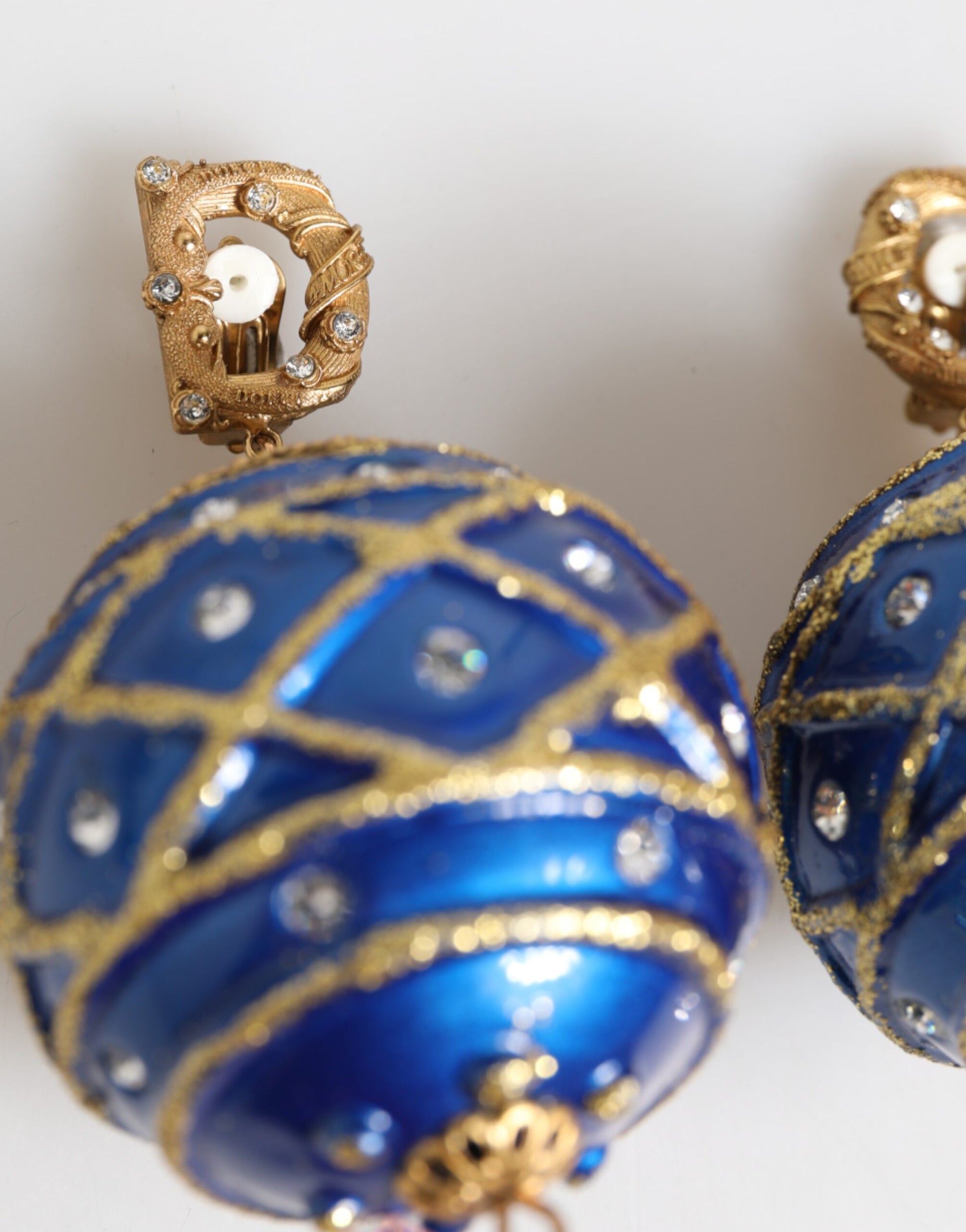 Dolce & Gabbana Gold Brass Blue Christmas Ball Crystal Drop Clip On Earrings Curated Luxury Accessories by Orvyn