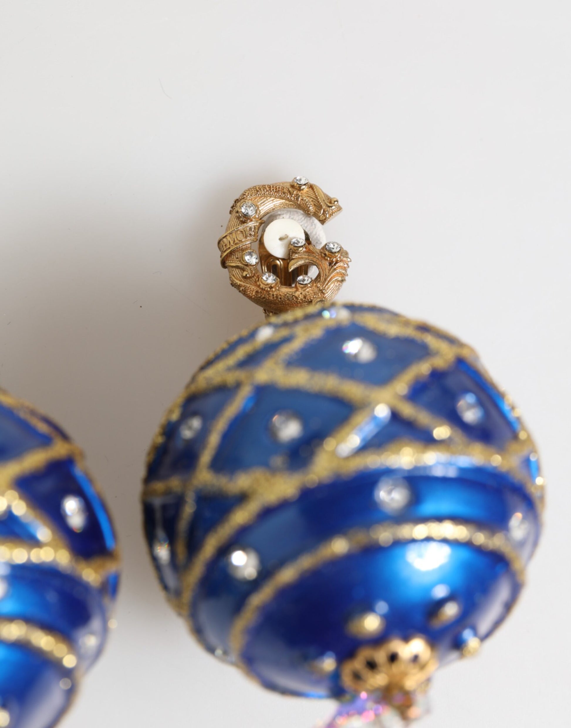 Dolce & Gabbana Gold Brass Blue Christmas Ball Crystal Drop Clip On Earrings Curated Luxury Accessories by Orvyn