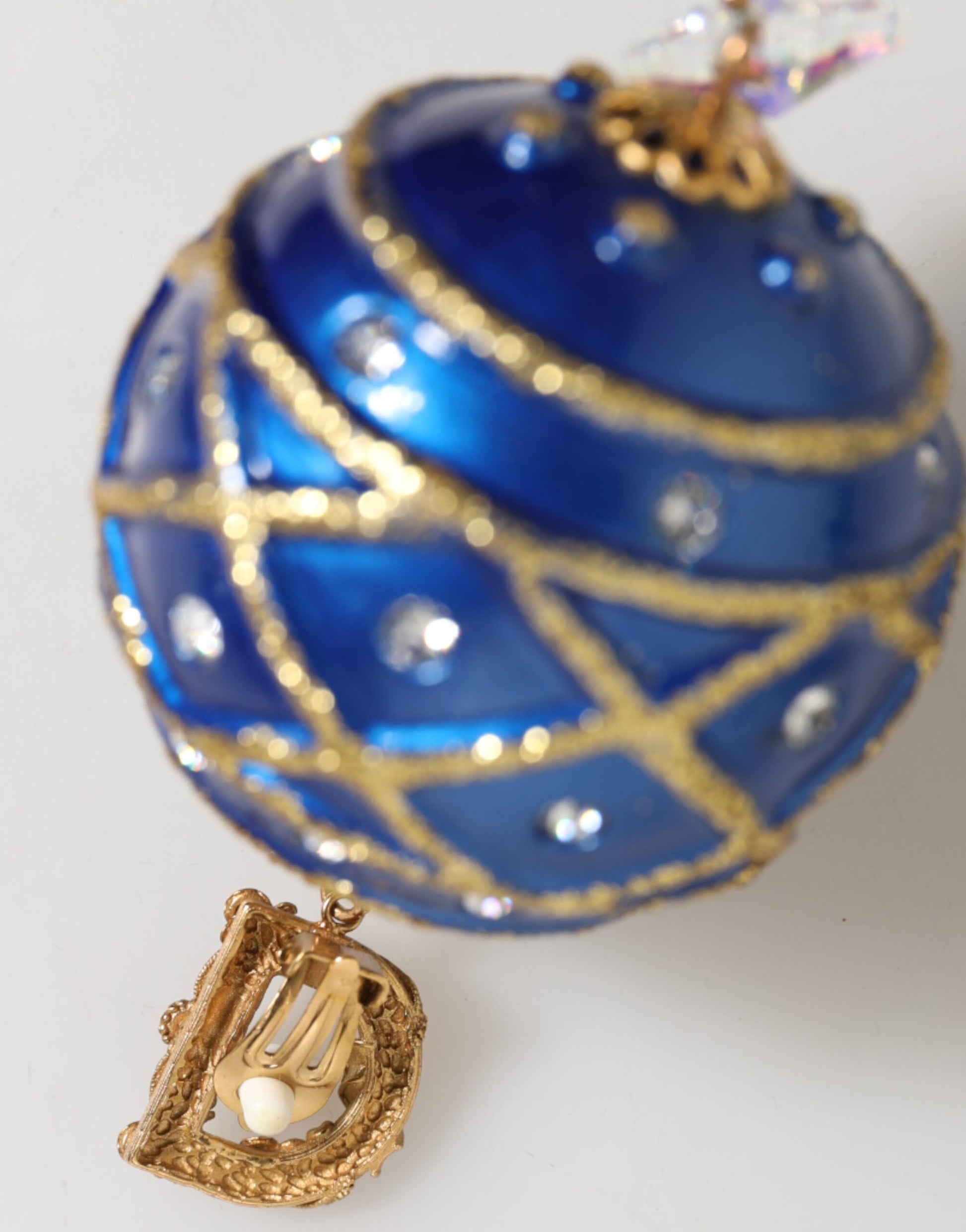 Dolce & Gabbana Gold Brass Blue Christmas Ball Crystal Drop Clip On Earrings Curated Luxury Accessories by Orvyn