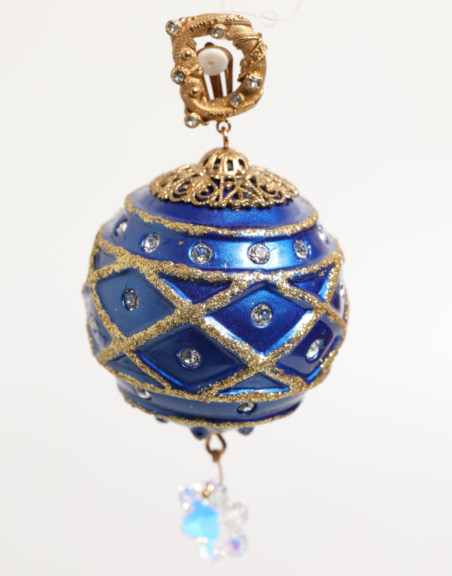 Dolce & Gabbana Gold Brass Blue Christmas Ball Crystal Drop Clip On Earrings Curated Luxury Accessories by Orvyn