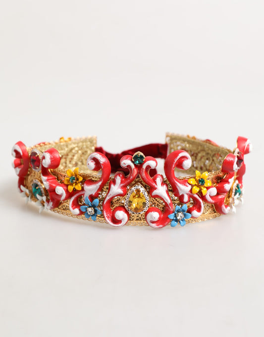 Dolce & Gabbana Red Carretto Multicolor Crystal Gold Tiara Crow Headband Curated Luxury Accessories by Orvyn